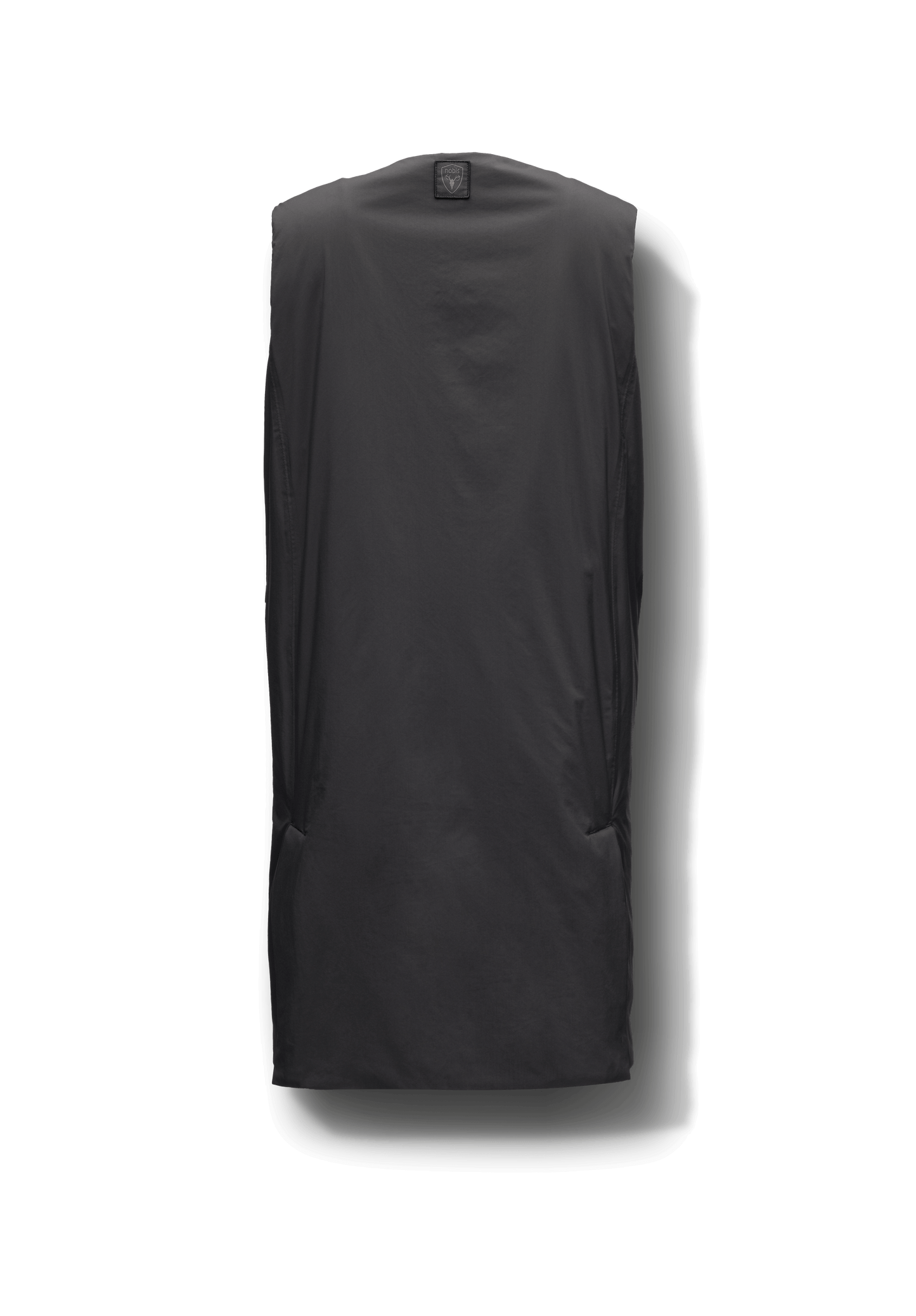 Brexton Women's Tailored Long Mid Layer Vest in knee length, centre front wind flap, flap closure waist pocket with additional side entry storage, single vent on back bottom hem, in Black