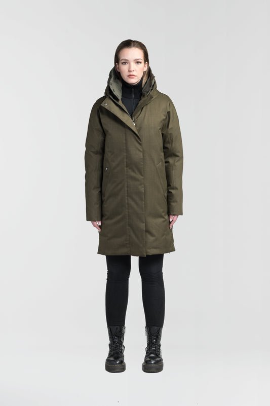 Dory Women's Tailored Back Zip Parka in knee length, premium Crosshatch fabrication, Premium Canadian White Duck Down insulation, non-removable down-filled hood, removable interior hood, centre front two-way zipper with wind flap, vertical zipper detailing along back, in Fatigue