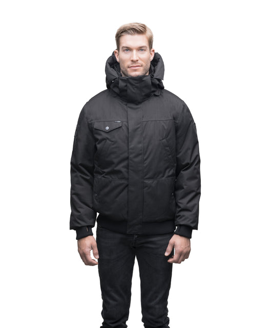Men's sleek down filled bomber jacket with clean details and a fur free hood in Black