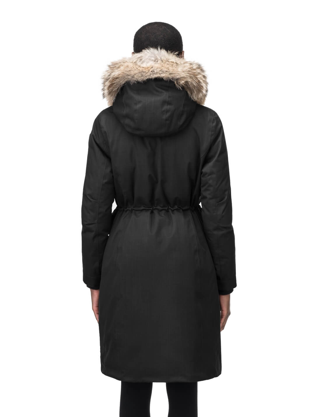 Zenith Ladies Knee Length Parka in knee length, Canadian duck down insulation, removable hood with removable fur ruff trim, and two-way front zipper, in Black