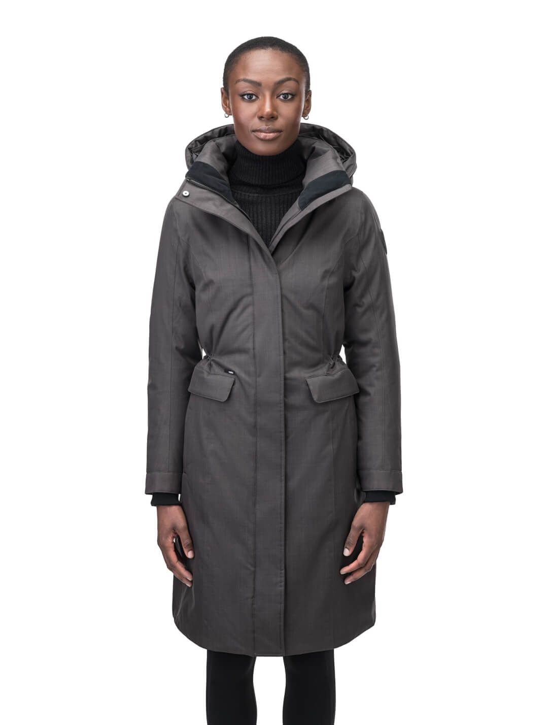 Zenith Ladies Knee Length Parka in knee length, Canadian duck down insulation, removable hood with removable fur ruff trim, and two-way front zipper, in Steel Grey