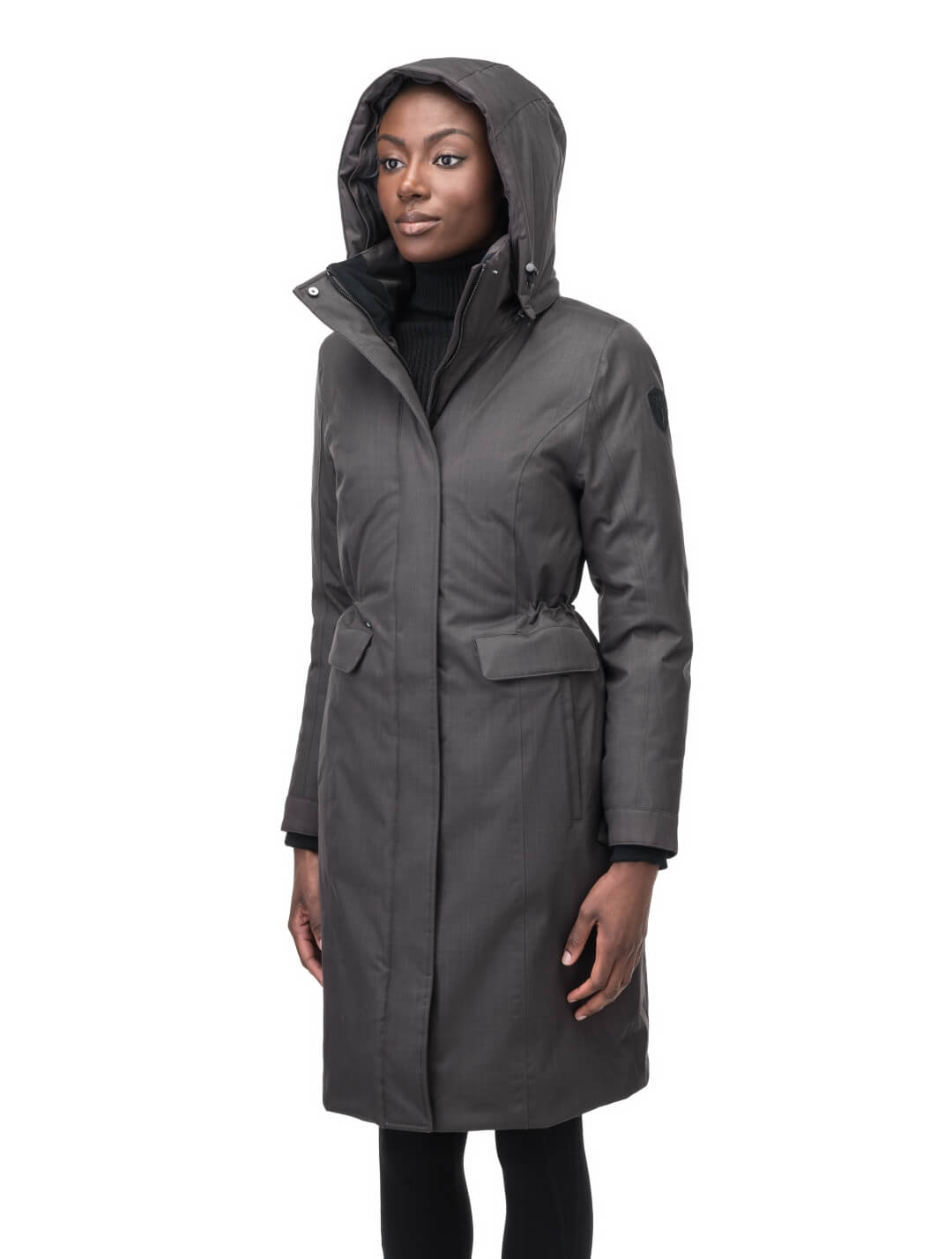 Zenith Ladies Knee Length Parka in knee length, Canadian duck down insulation, removable hood with removable fur ruff trim, and two-way front zipper, in Steel Grey