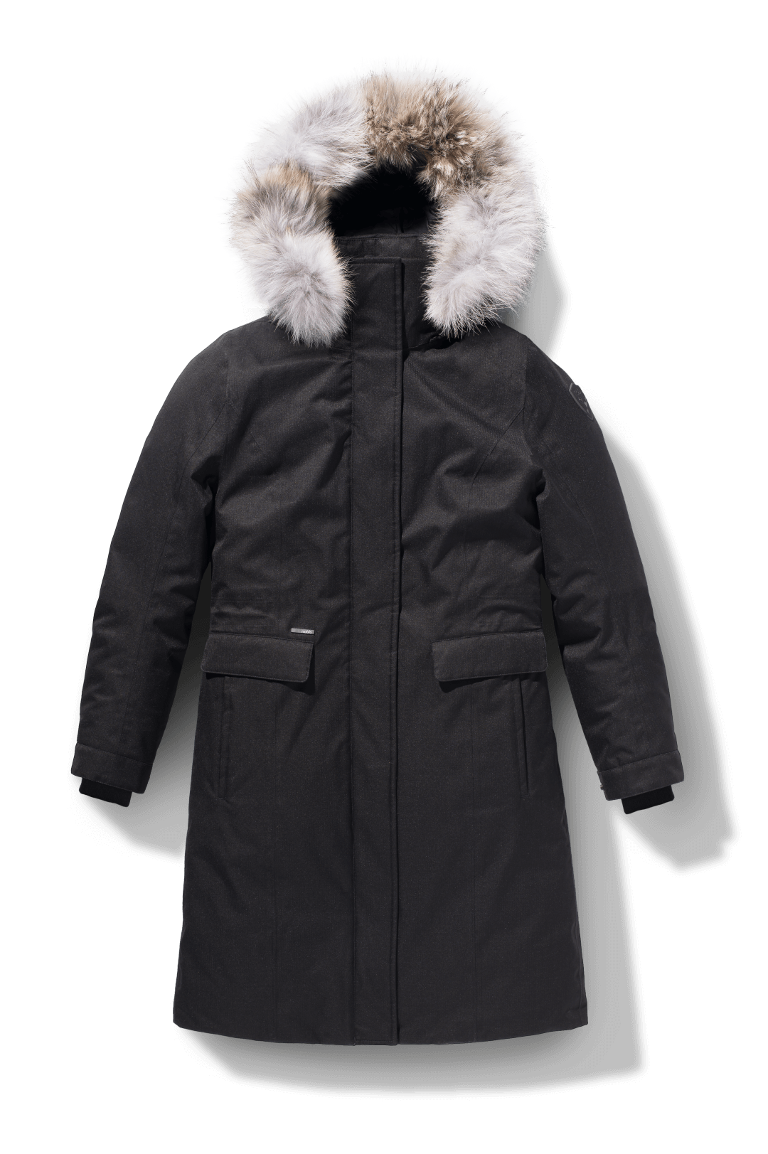 Zenith Ladies Knee Length Parka in knee length, Canadian duck down insulation, removable hood with removable fur ruff trim, and two-way front zipper, in Black