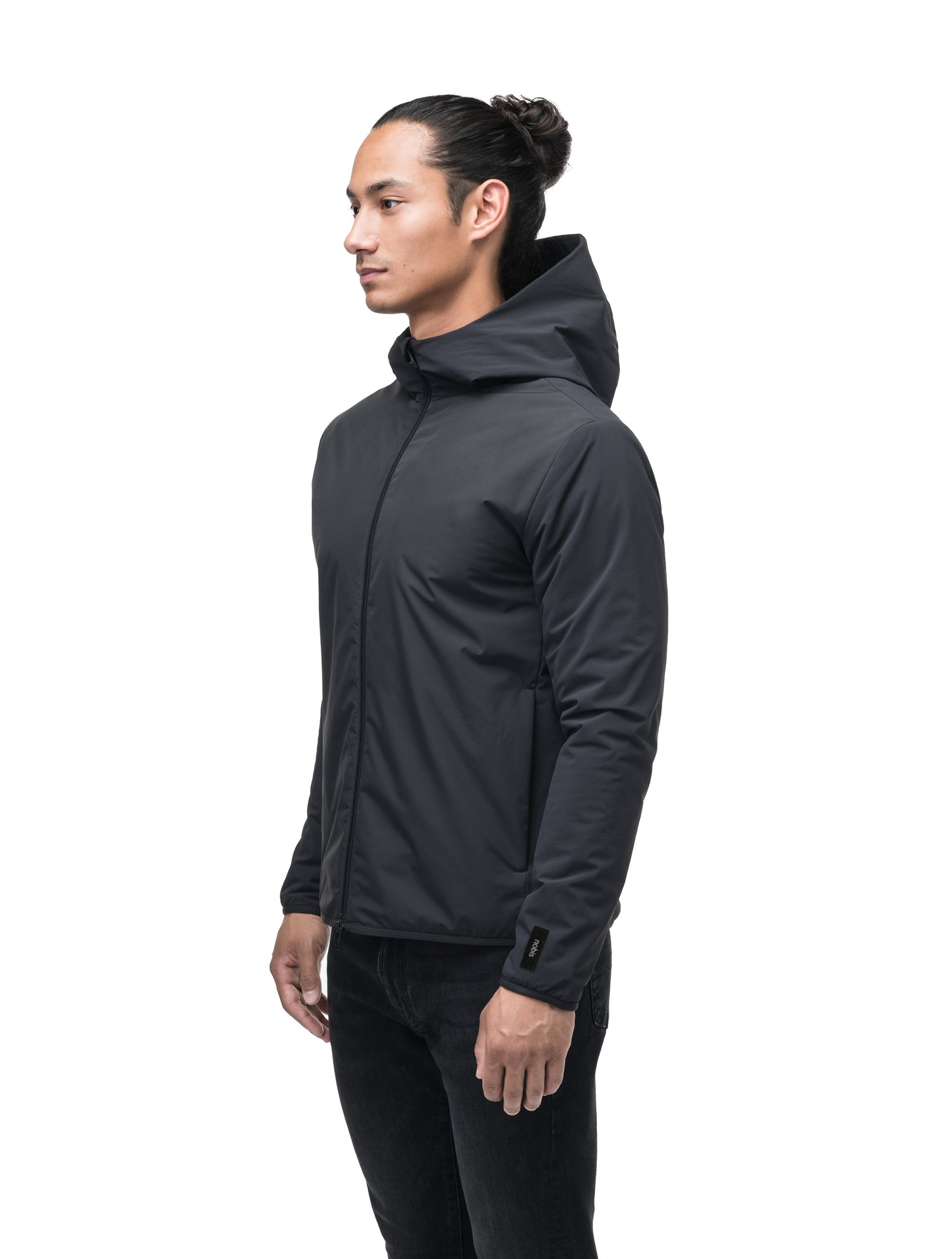 Men's hip length mid layer jacket with non-removable hood and two-way zipper in Black