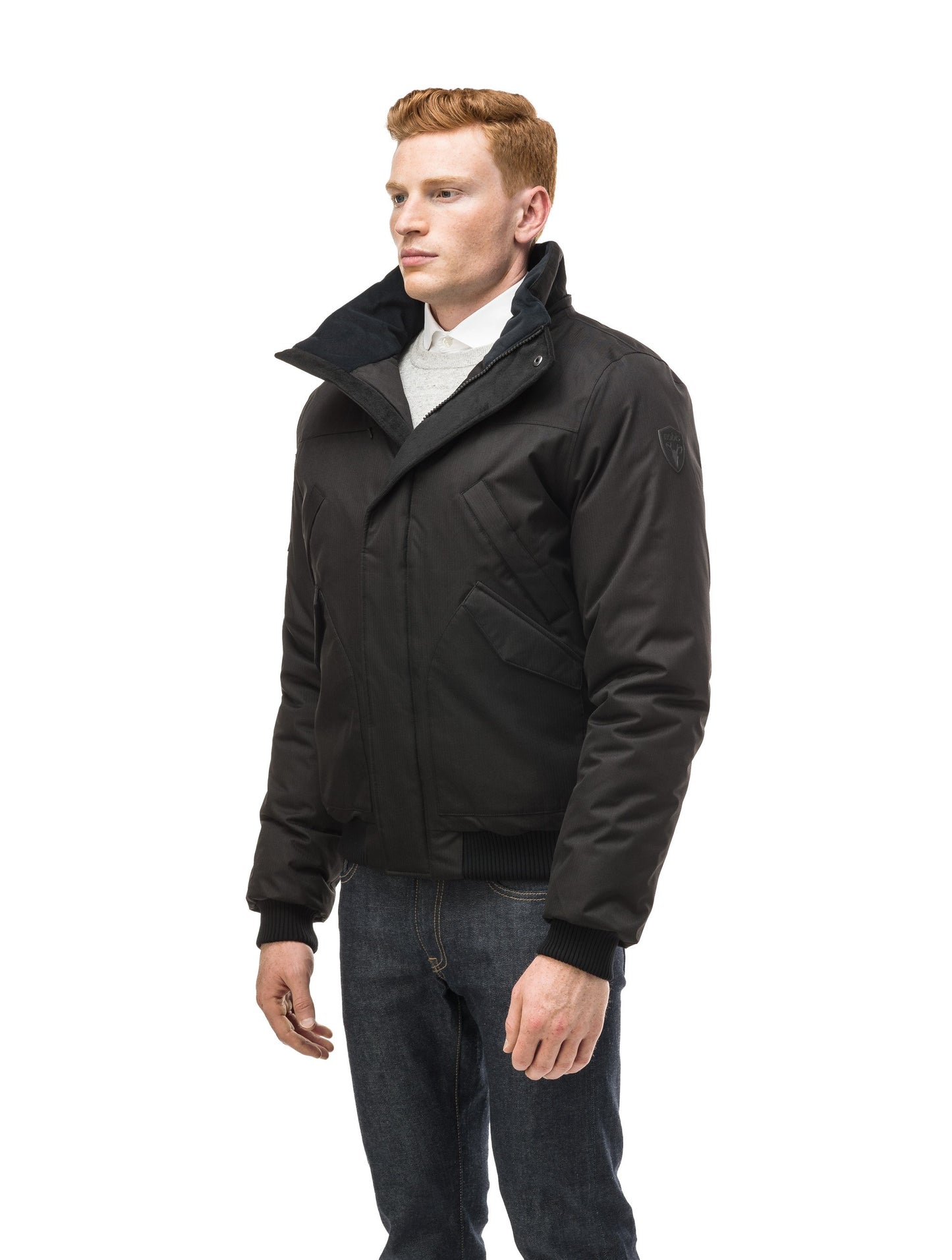 Men's classic down filled bomber jacket with a down filled hood that features a removable coyote fur trim and concealed moldable framing wire in Black