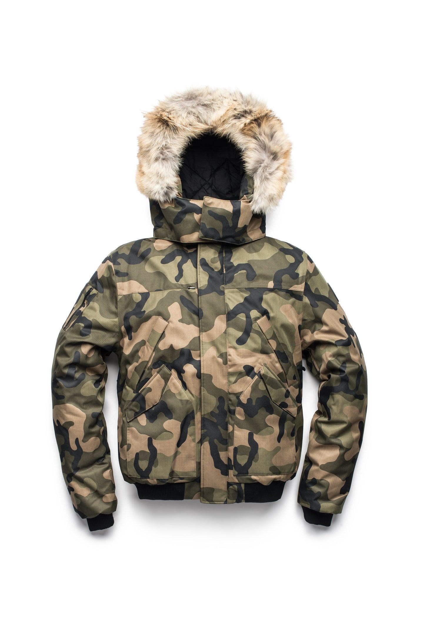 Men's classic down filled bomber jacket with a down filled hood that features a removable coyote fur trim and concealed moldable framing wire in Camo