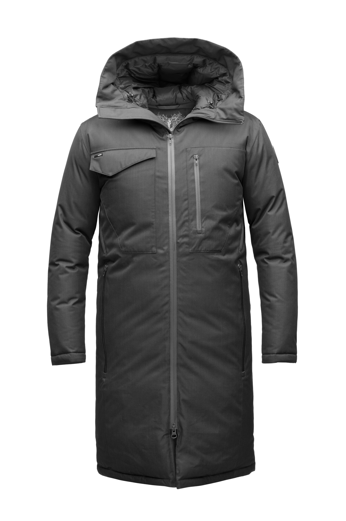 Long men's calf length parka with down fill and exposed zipper that features spacious pockets and zippered vents in Black