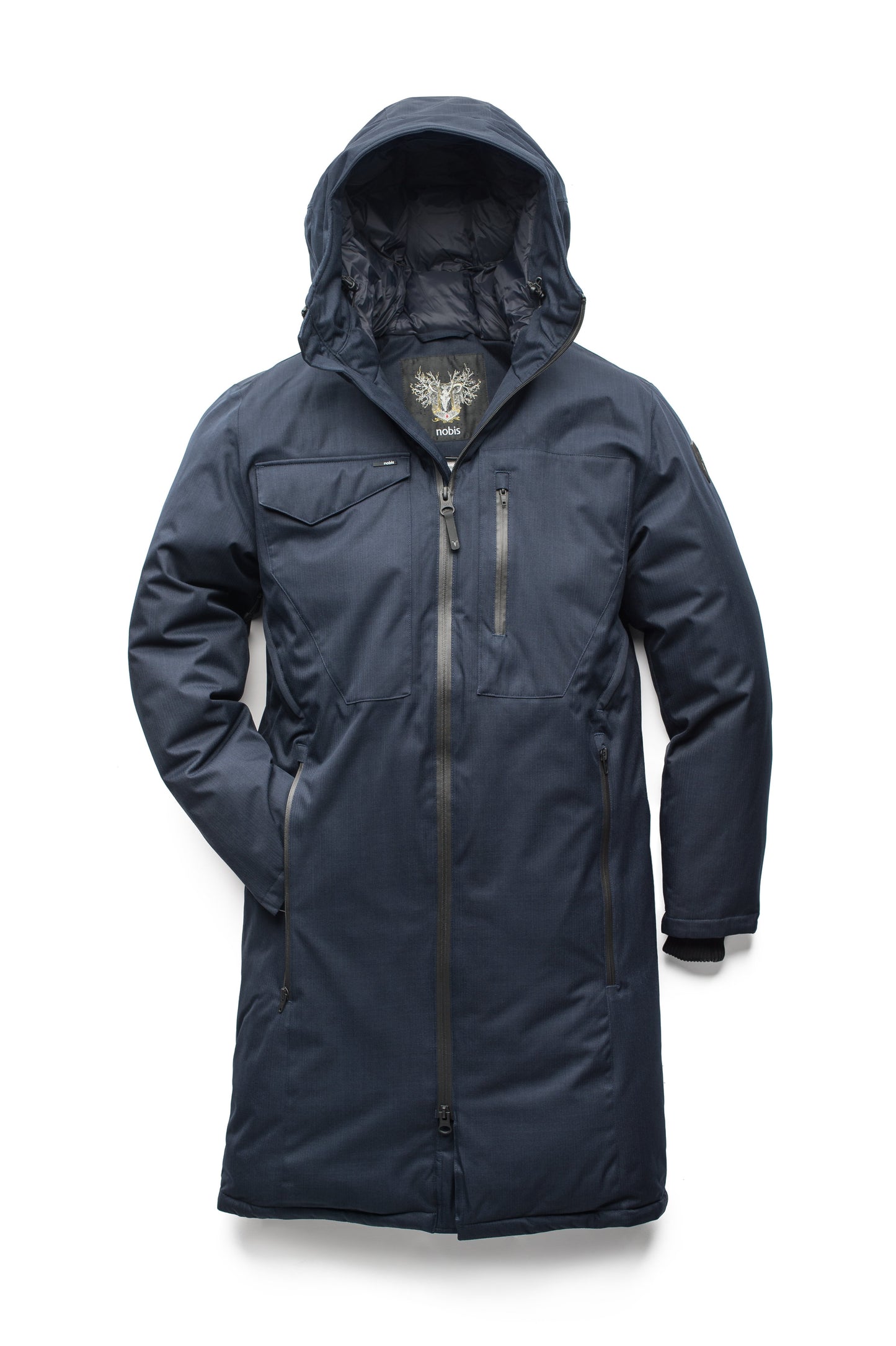 Long men's calf length parka with down fill and exposed zipper that features spacious pockets and zippered vents in Navy