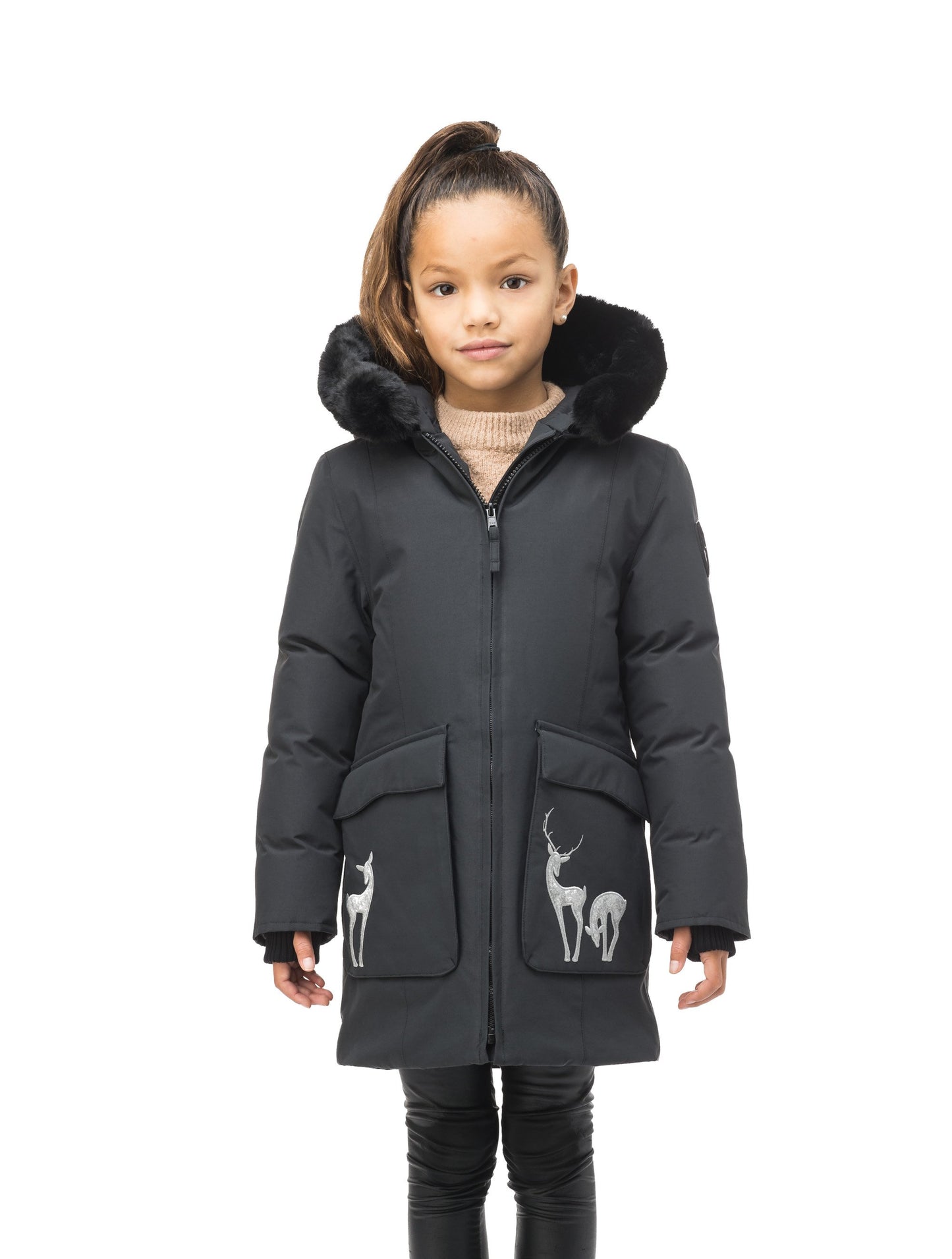 Kid's knee length down filled parka with deer applique detailing on the front patch pockets in Cy Black