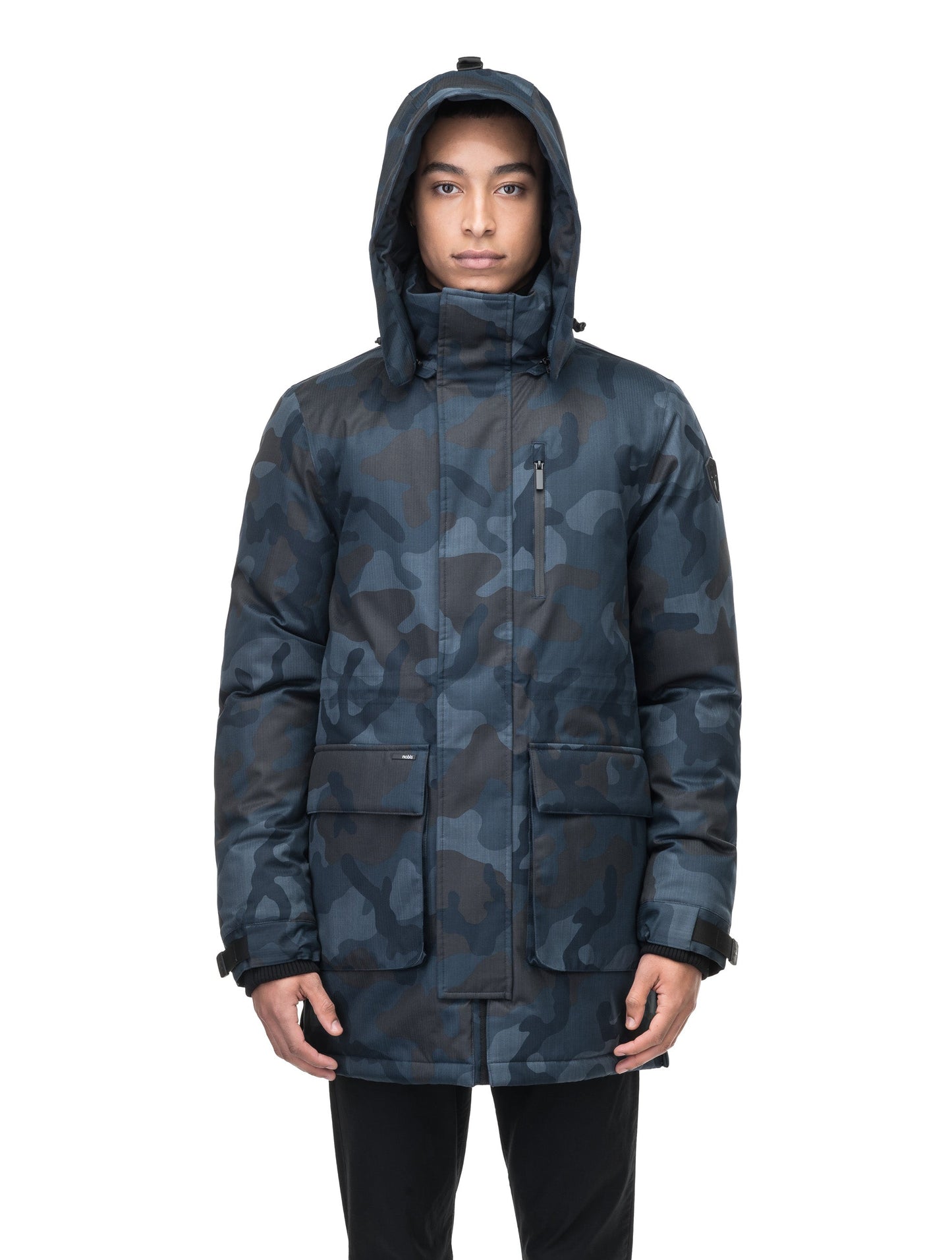 Mid weight men's down filled parka with two patch pockets at the hip and snap closure side vents in Navy Camo