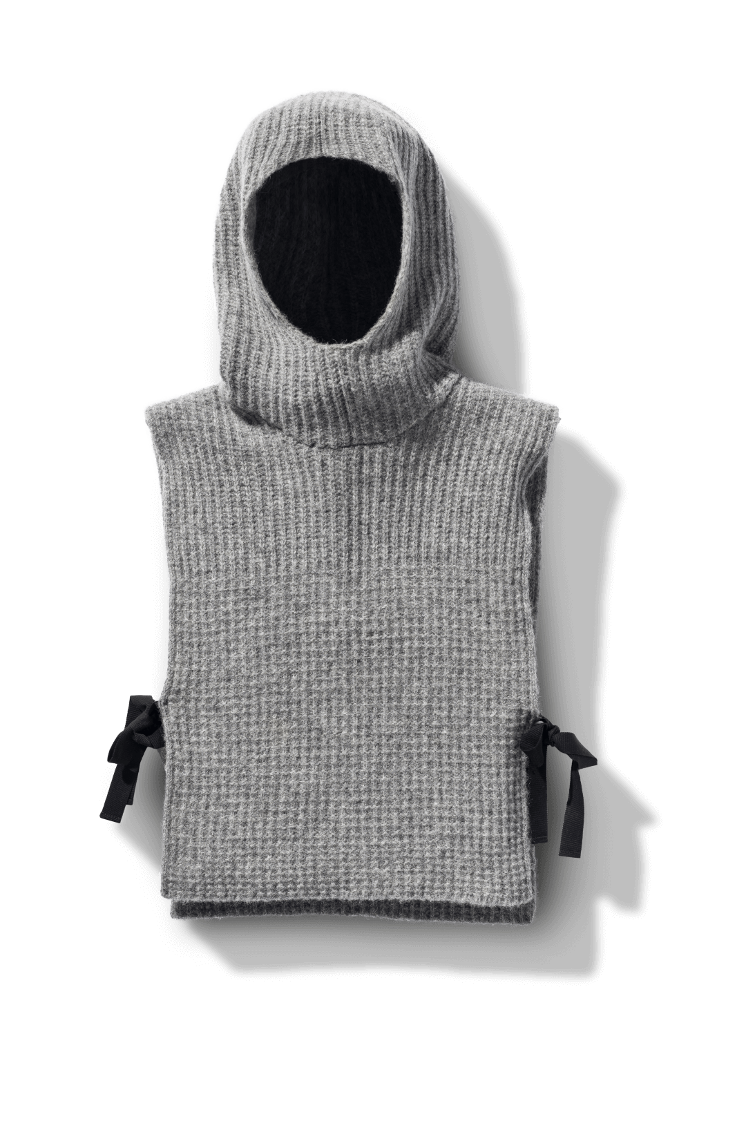 Nars Unisex Knit Hooded Dickie in in superfine alpaca and merino wool blend, waist length, fitted hood, sleeveless torso, and side webbing straps to adjust fit, in Grey Melange