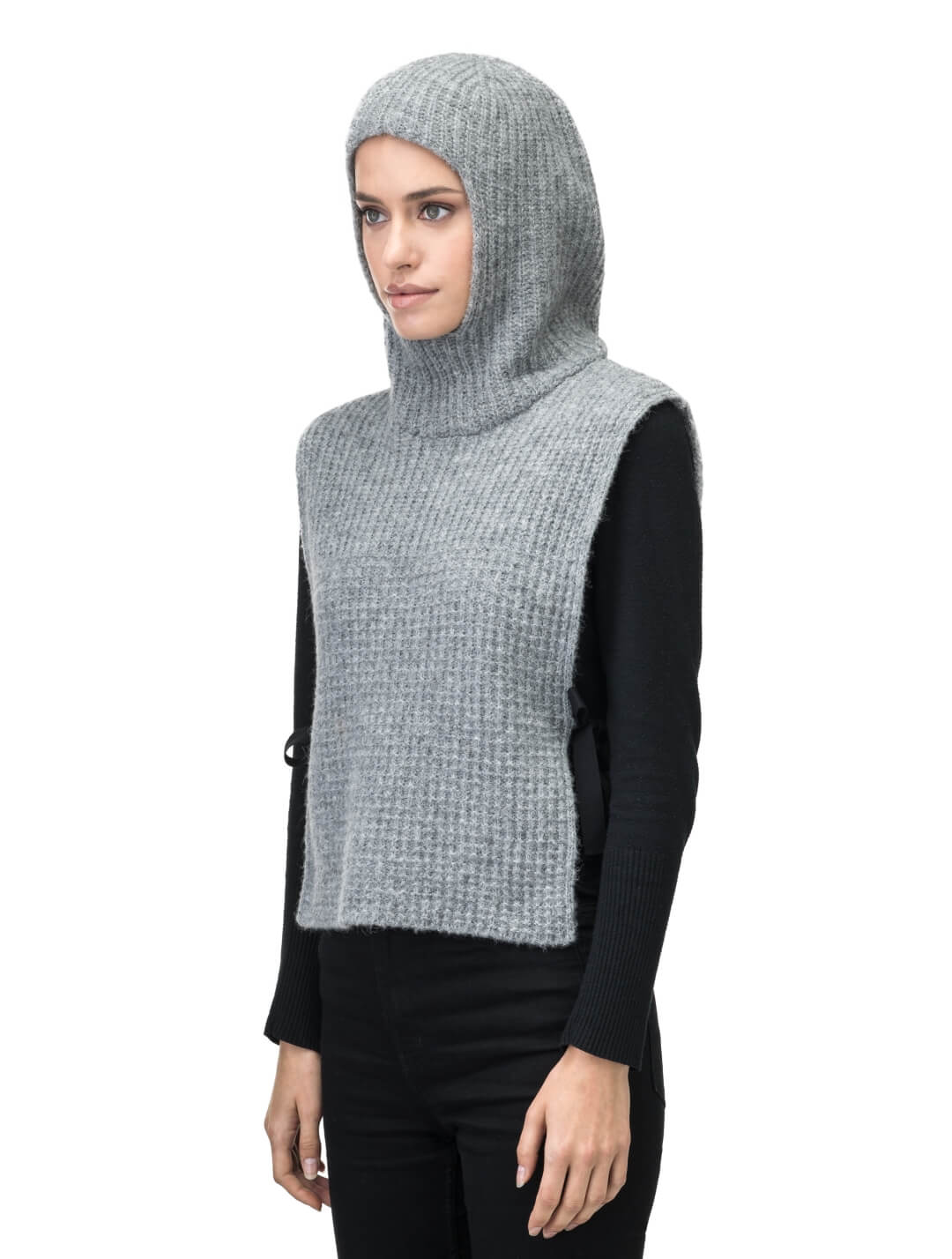 Nars Unisex Knit Hooded Dickie in in superfine alpaca and merino wool blend, waist length, fitted hood, sleeveless torso, and side webbing straps to adjust fit, in Grey Melange