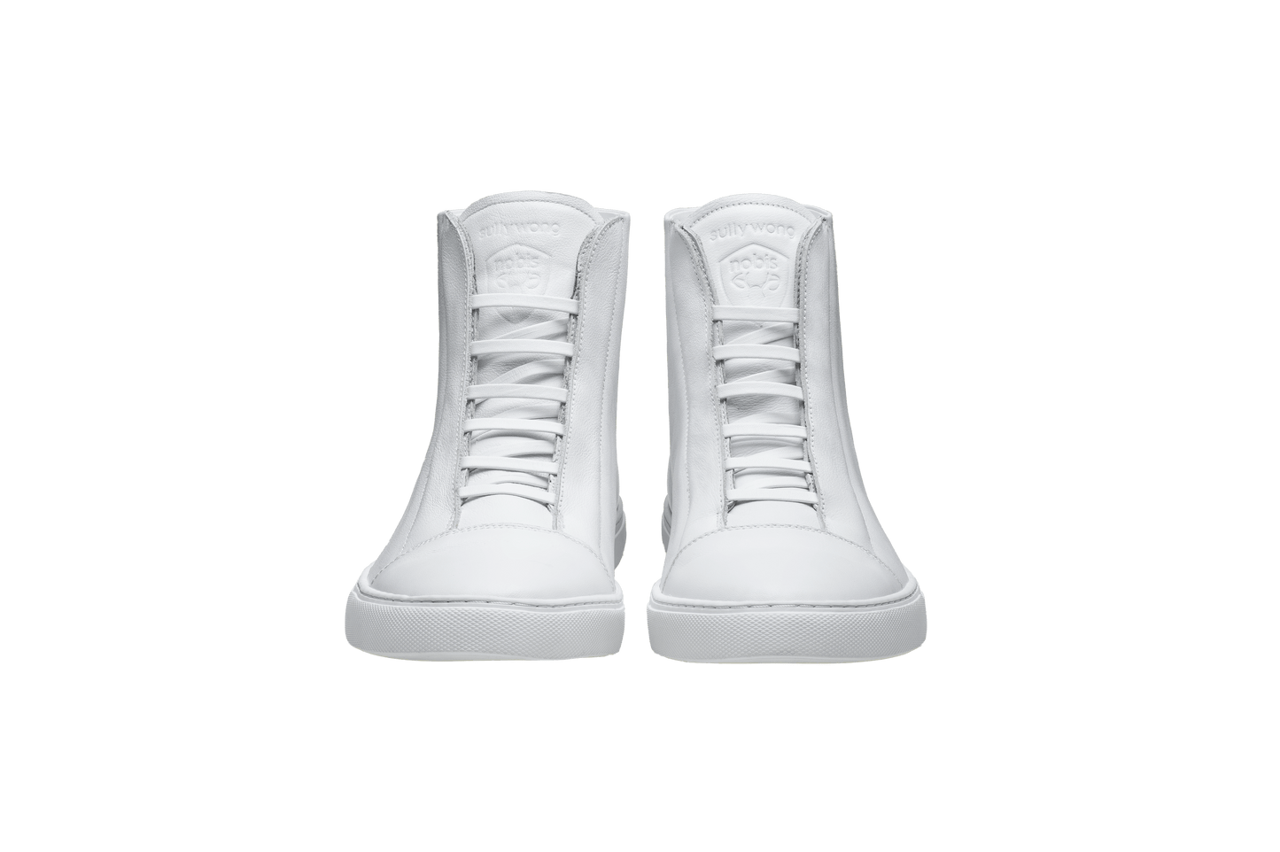 Unisex high top sneaker with Nobis crest embossed on the right side of the shoe in White
