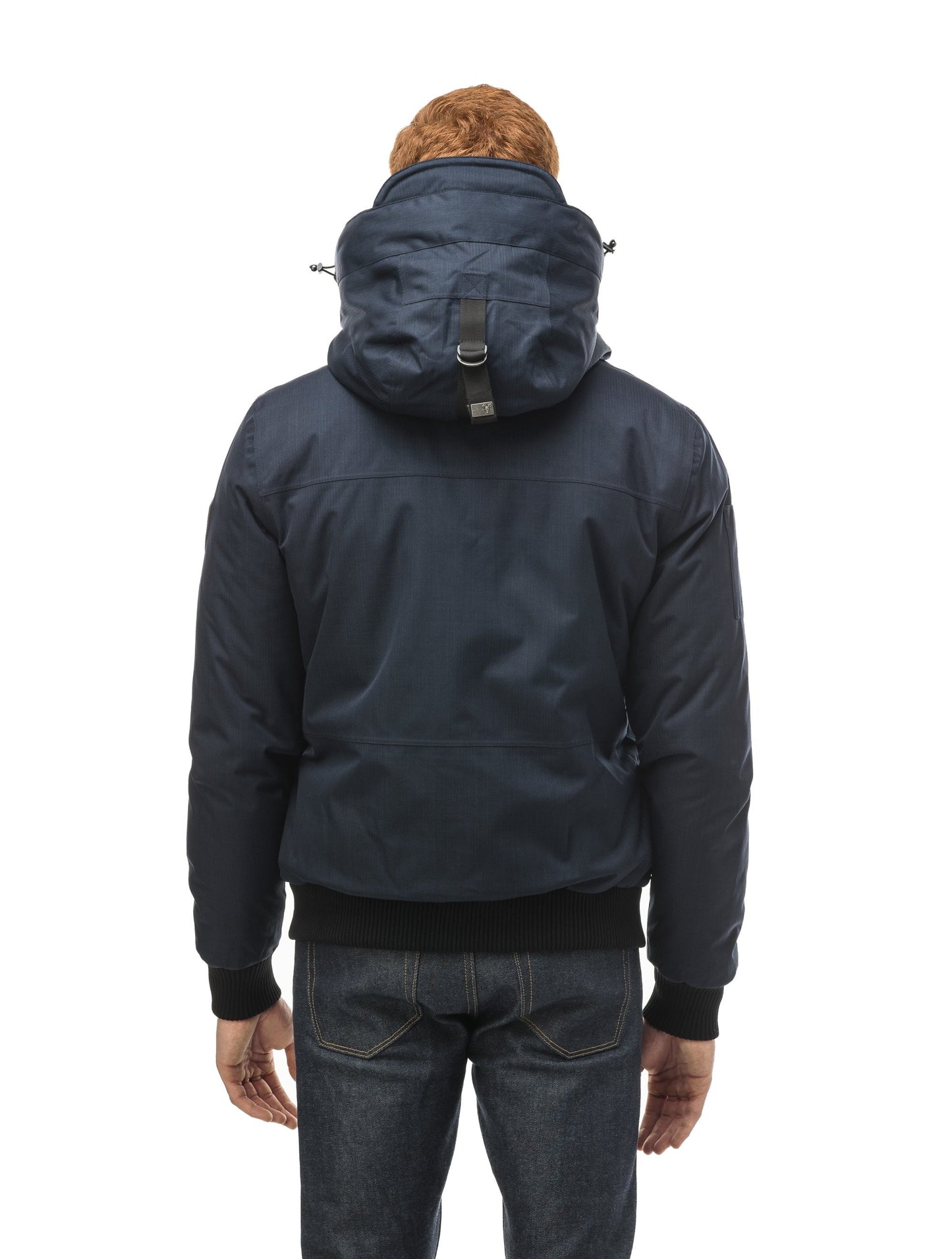 Men's sleek down filled bomber jacket with clean details and a fur free hood in CH Navy