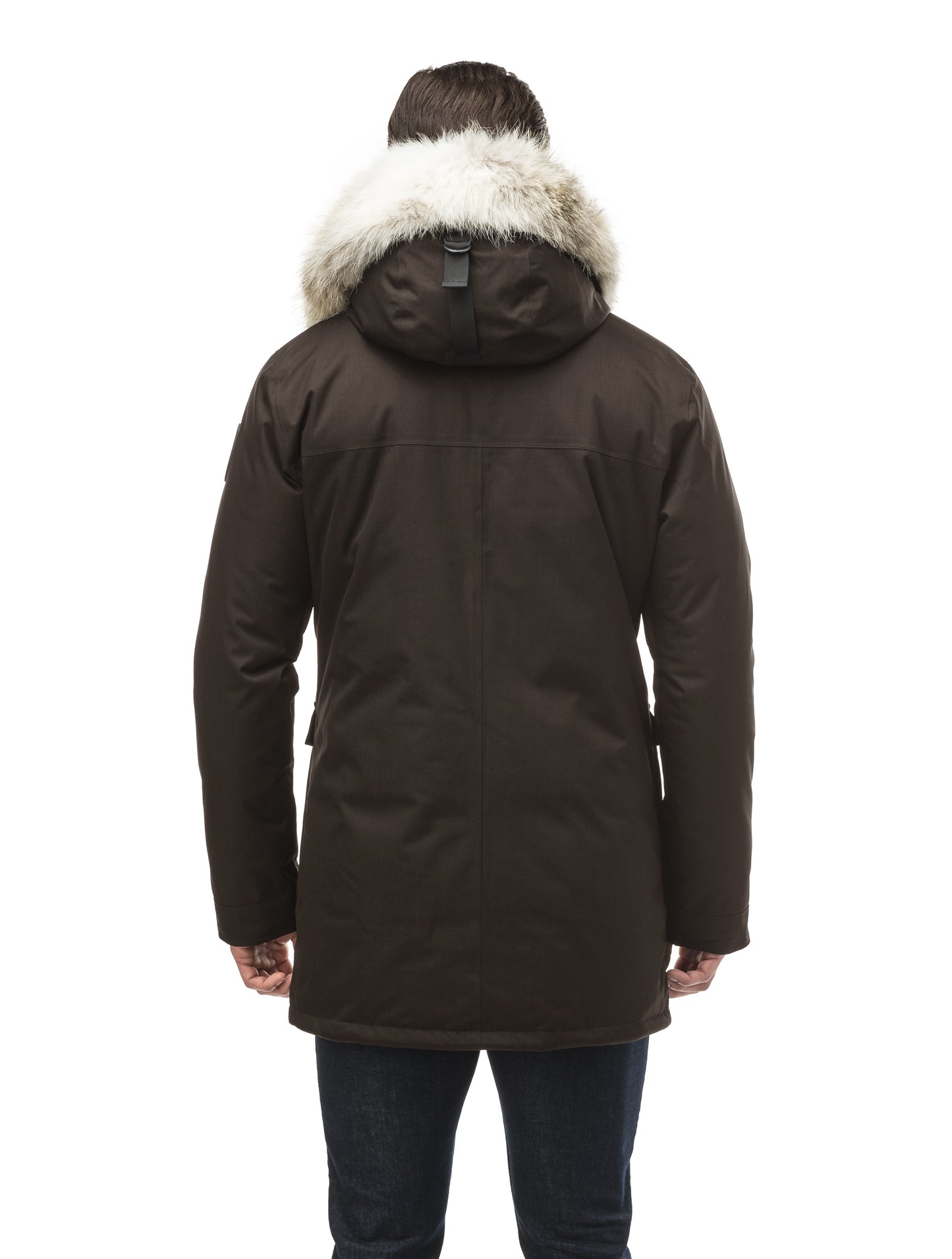 Men's slim fitting waist length parka with removable fur trim on the hood and two waist patch pockets in CH Brown