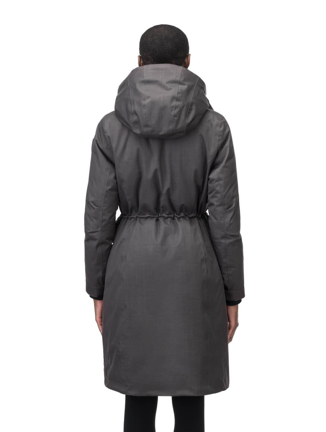 Zenith Ladies Knee Length Parka in knee length, Canadian duck down insulation, removable hood with removable fur ruff trim, and two-way front zipper, in Steel Grey