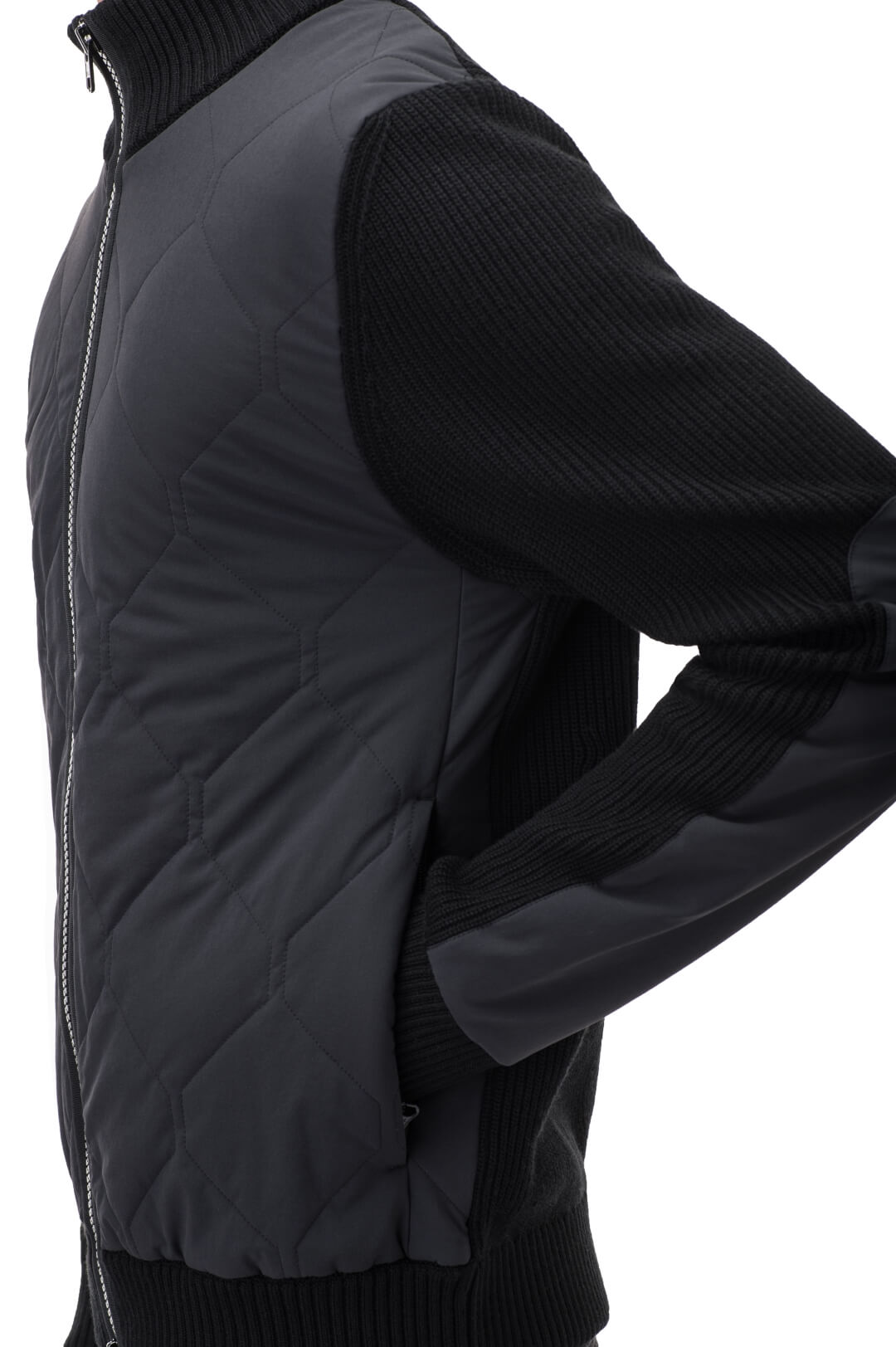 Ero Men's Tailored Hybrid Sweater in hip length, PrimaLoft Gold Insulation Active+, Durable 4-Way Stretch Weave quilted torso, Merino wool knit collar, sleeves, back, and cuffs, two-way front zipper, and hidden waist pockets, in Black