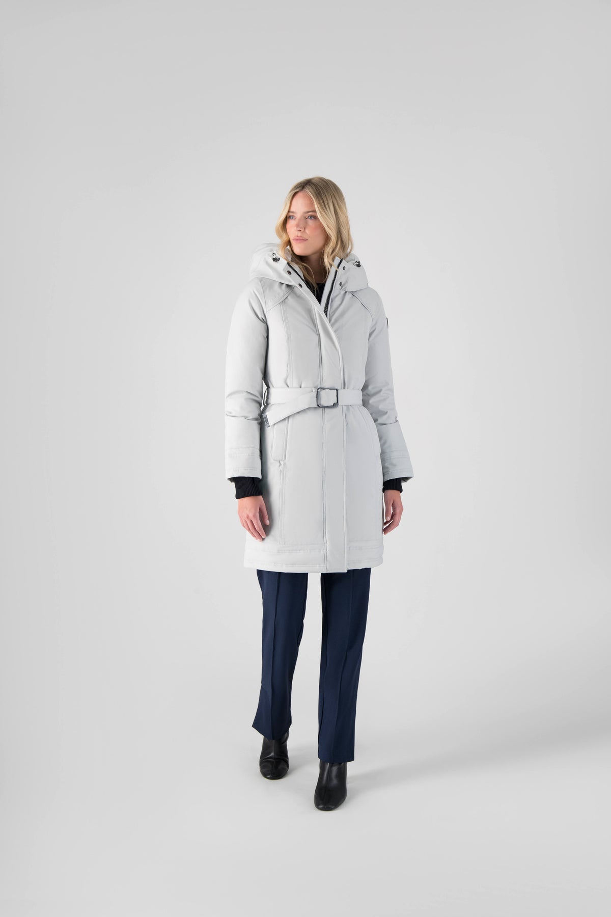 Women's Thigh length own parka with a furless oversized hood in Light Grey