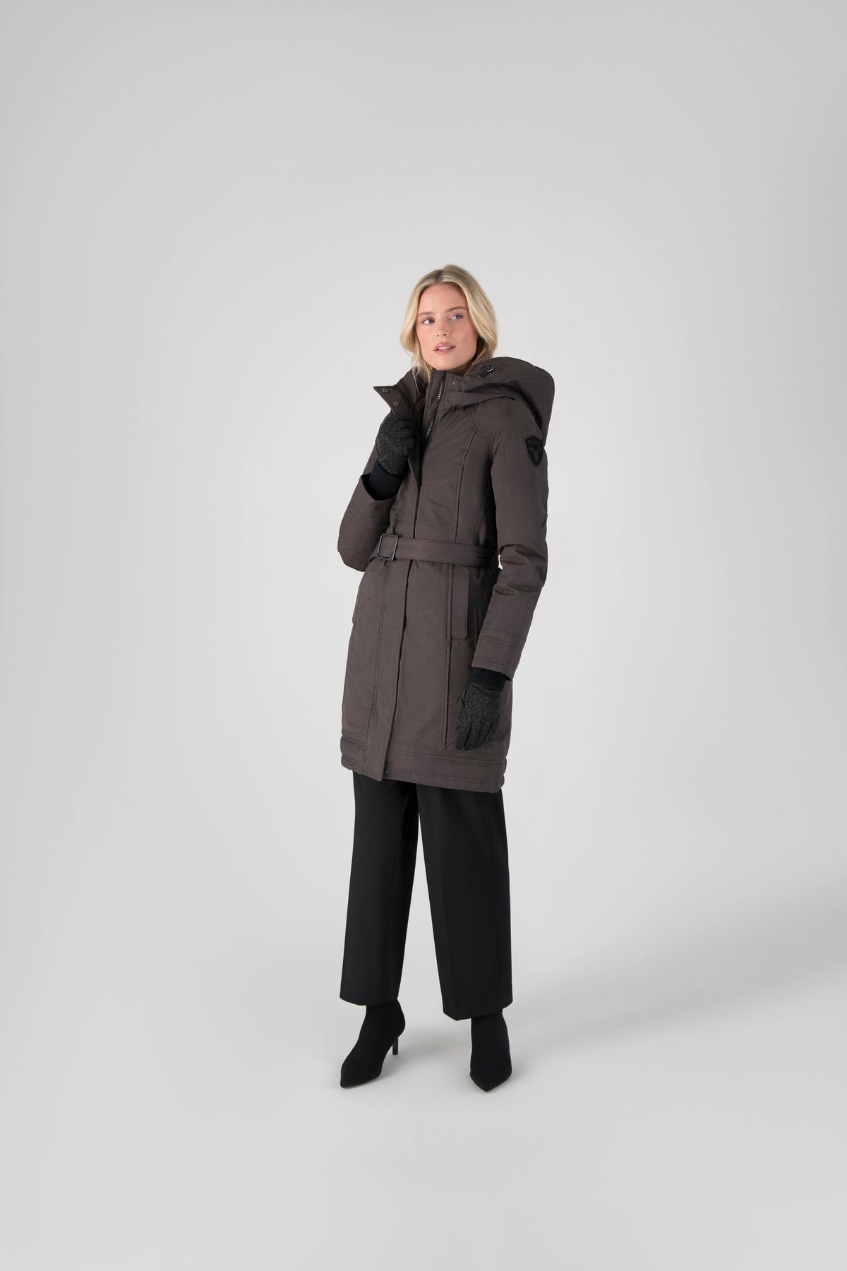 Women's Thigh length own parka with a furless oversized hood in Steel Grey