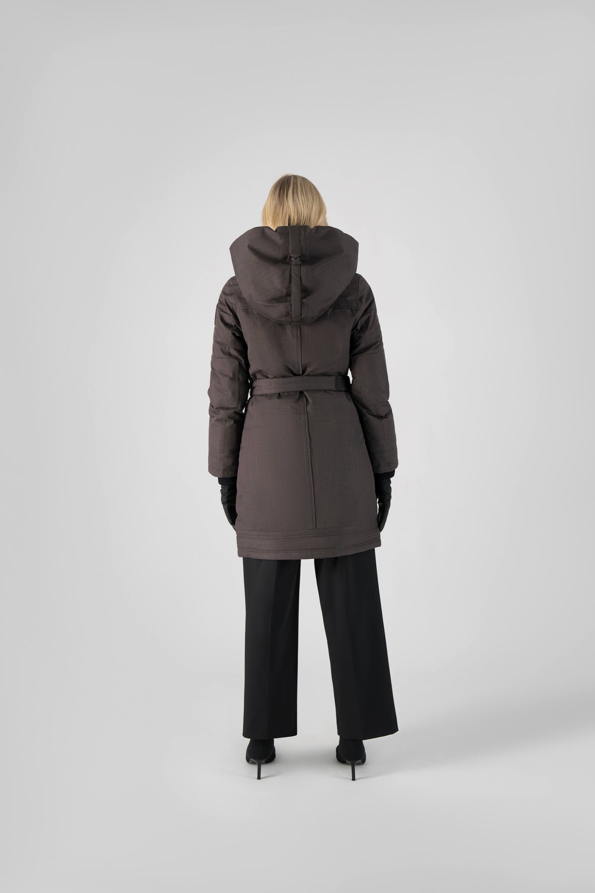 Women's Thigh length own parka with a furless oversized hood in Steel Grey