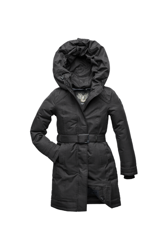 Women's Thigh length own parka with a furless oversized hood in CH Black + CH Black