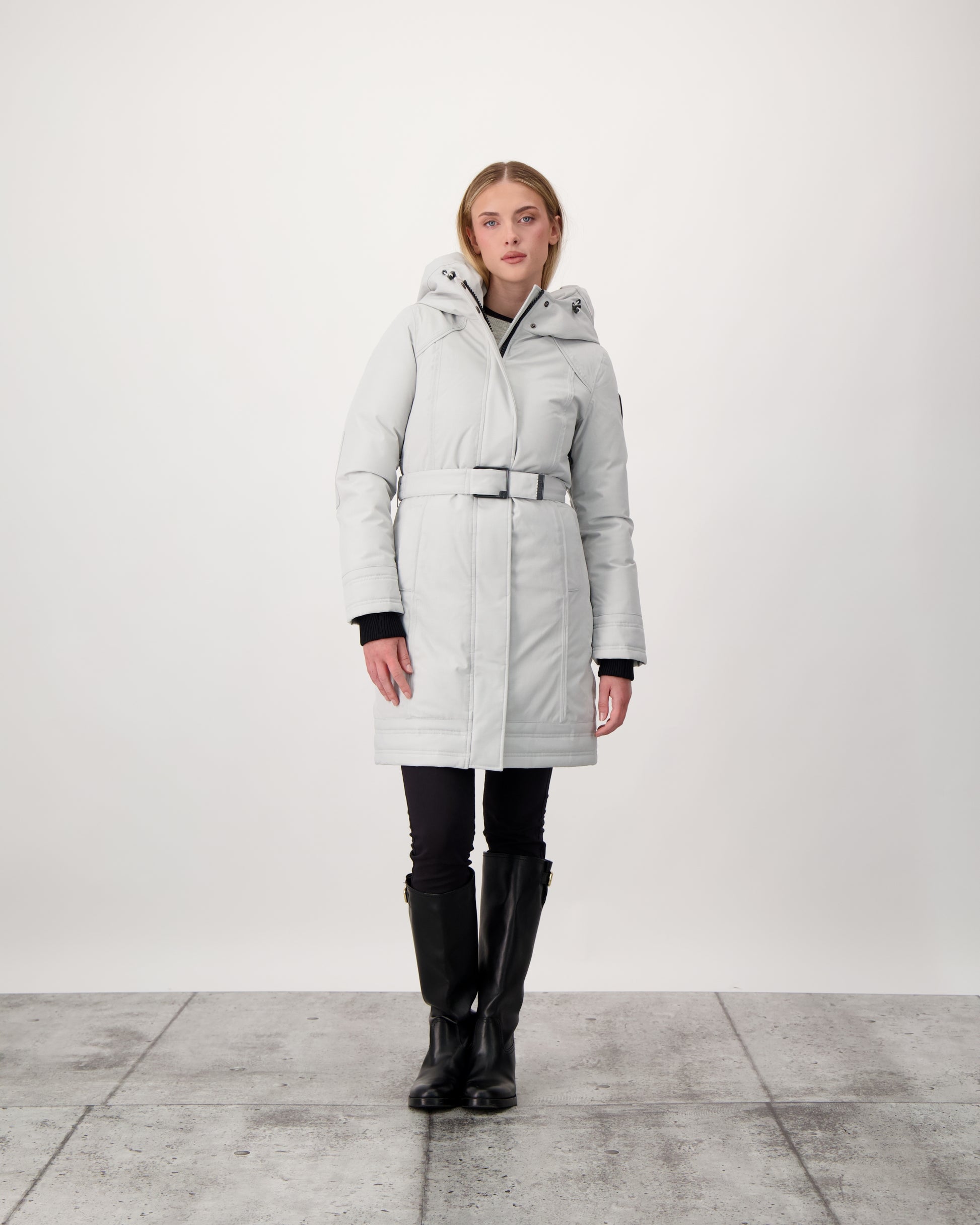 Women's Thigh length own parka with a furless oversized hood in CH Light Grey