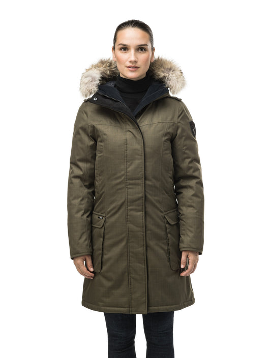 Women's knee length down filled parka with fur trim hood in CH Army Green + CH Army Green