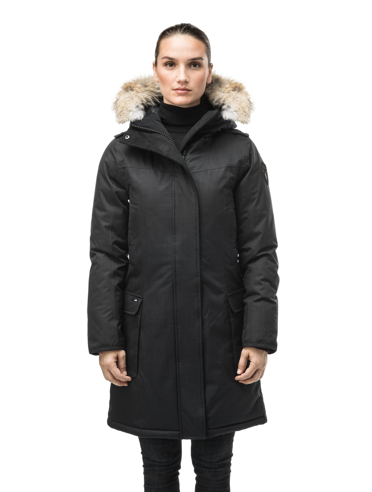 Women's knee length down filled parka with fur trim hood in Black