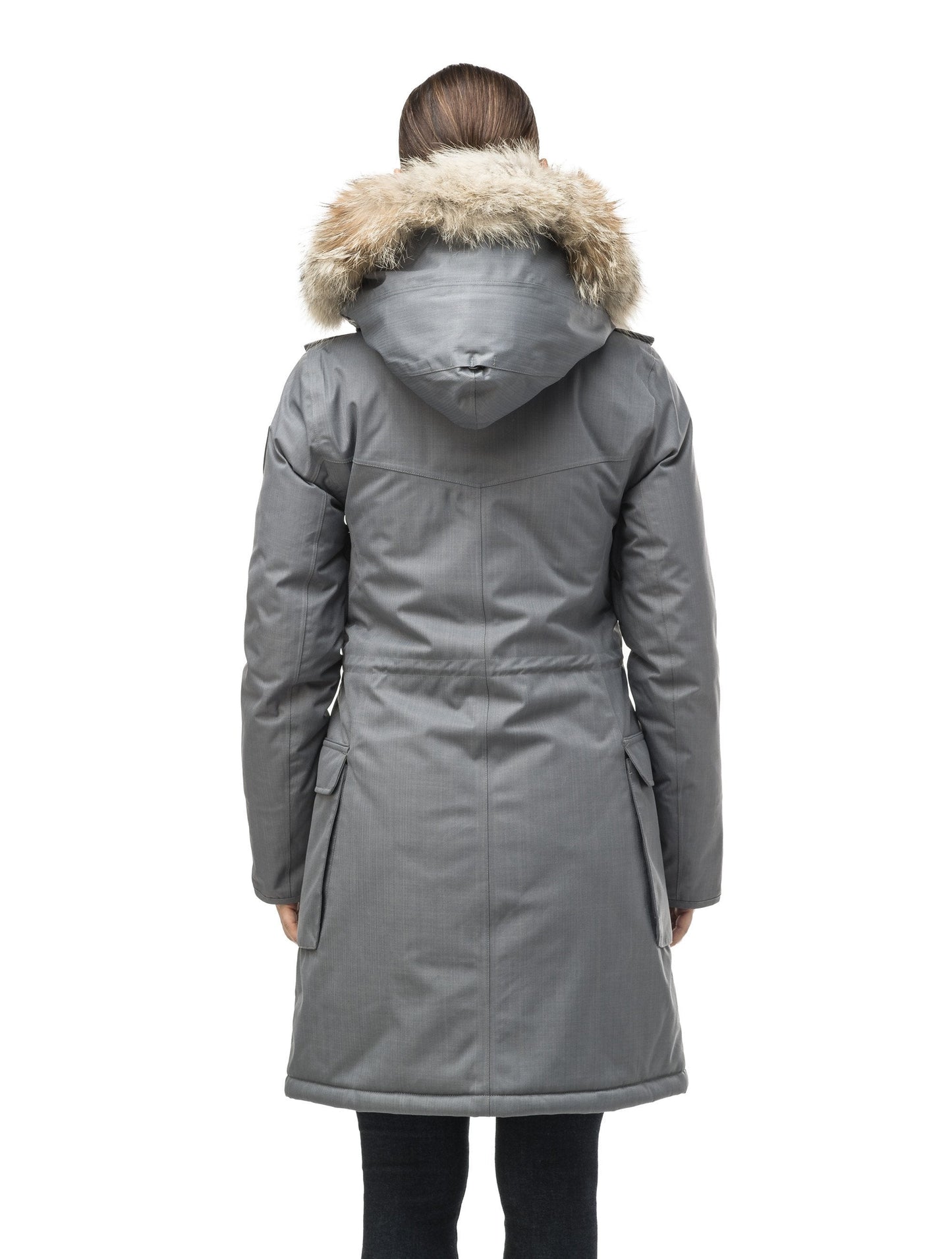 Women's knee length down filled parka with fur trim hood in CH Concrete