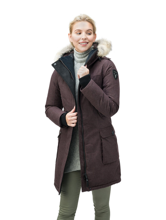 Women's knee length down filled parka with fur trim hood in H. Burgundy + H. Burgundy