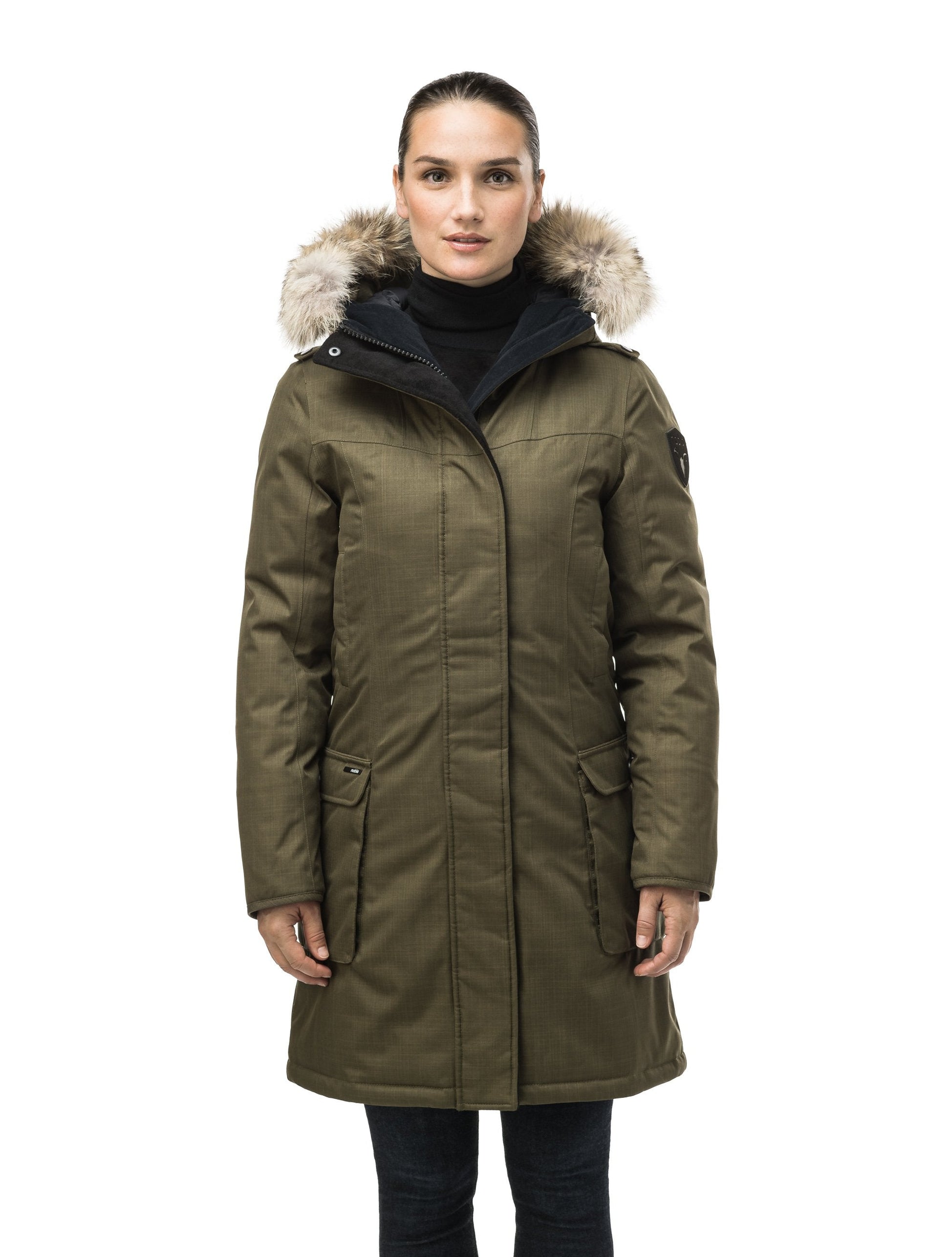 Women's knee length down filled parka with fur trim hood in Fatigue