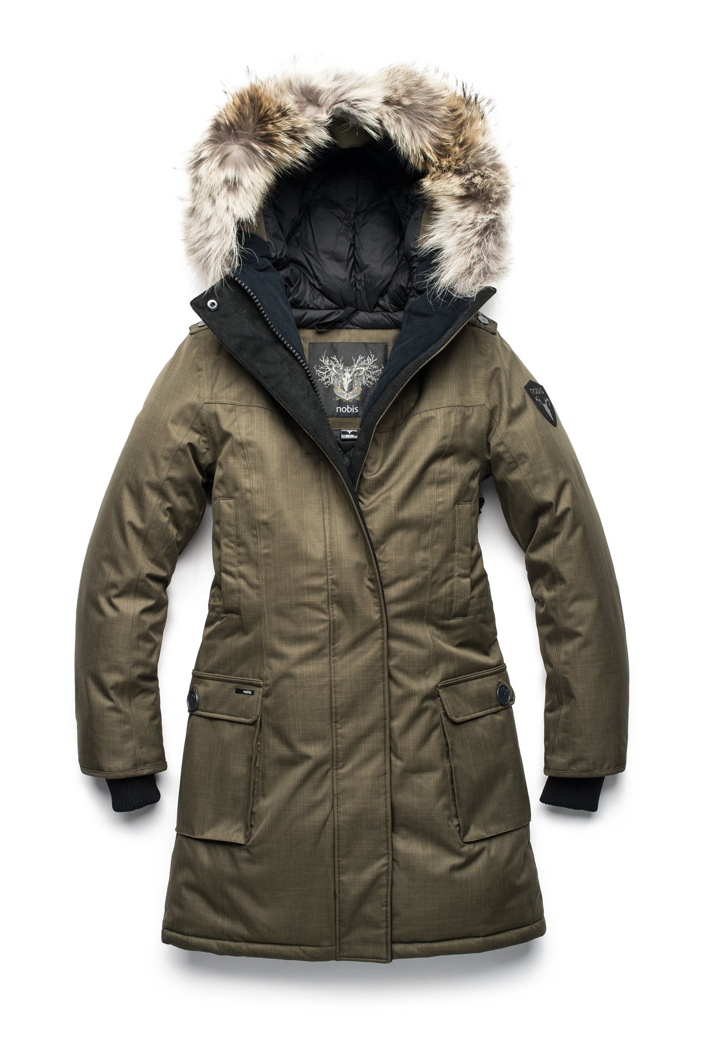 Women's knee length down filled parka with fur trim hood in CH Army Green