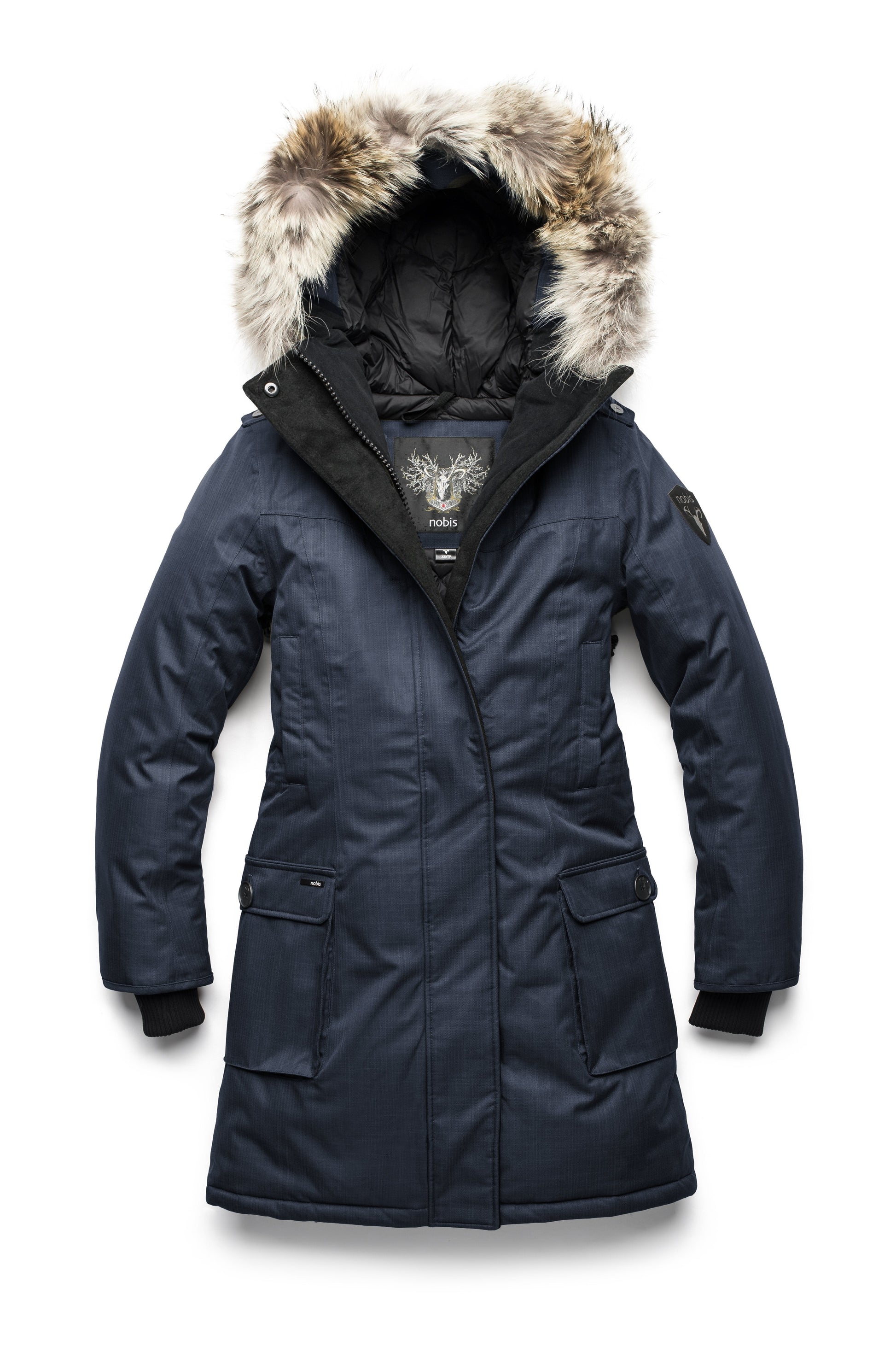 Women's knee length down filled parka with fur trim hood in CH Navy