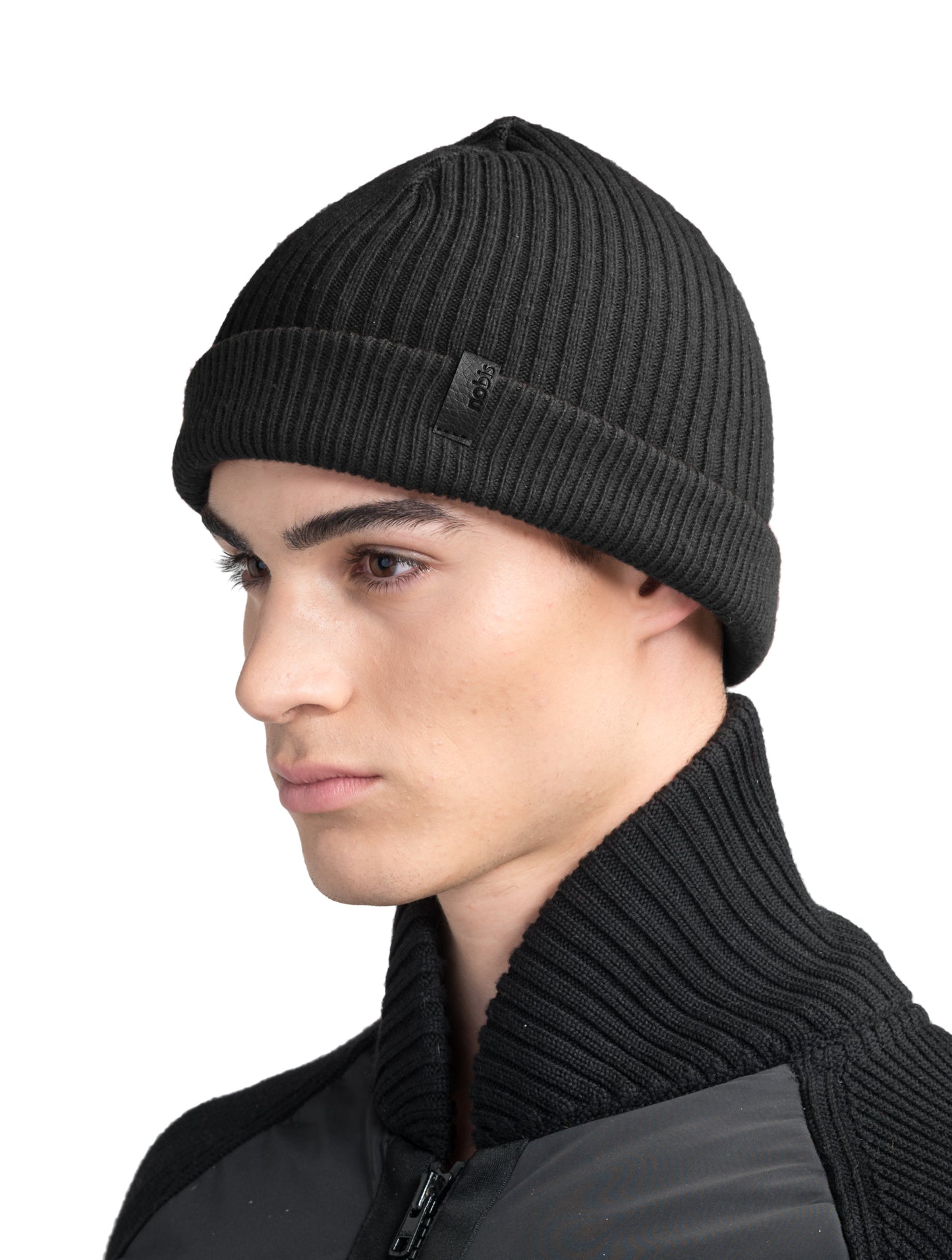 Ardn Unisex Tailored Reversible Knit Beanie in an extra fine merino wool blend, fitted rib knit, and reversible design, in Black