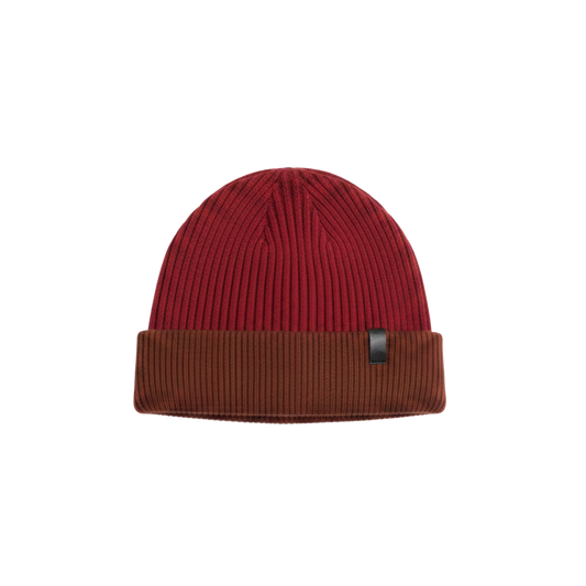 Ardn Unisex Tailored Reversible Knit Beanie in an extra fine merino wool blend, fitted rib knit, and reversible design, in Potent Purple/Rio Red + Potent Purple/Rio Red