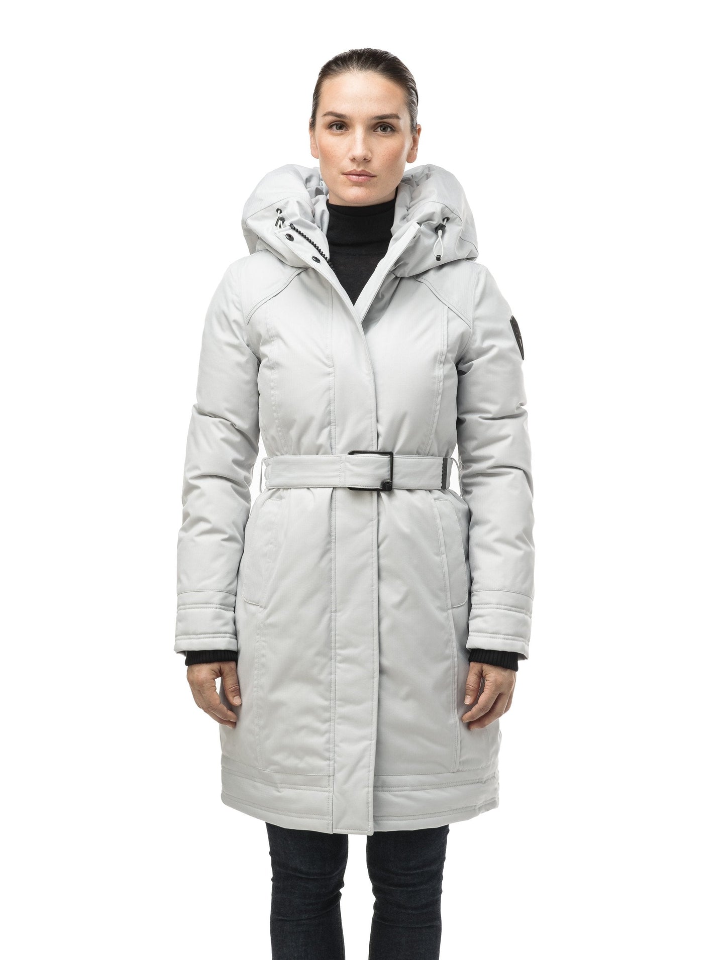 Women's Thigh length own parka with a furless oversized hood in CH Light Grey