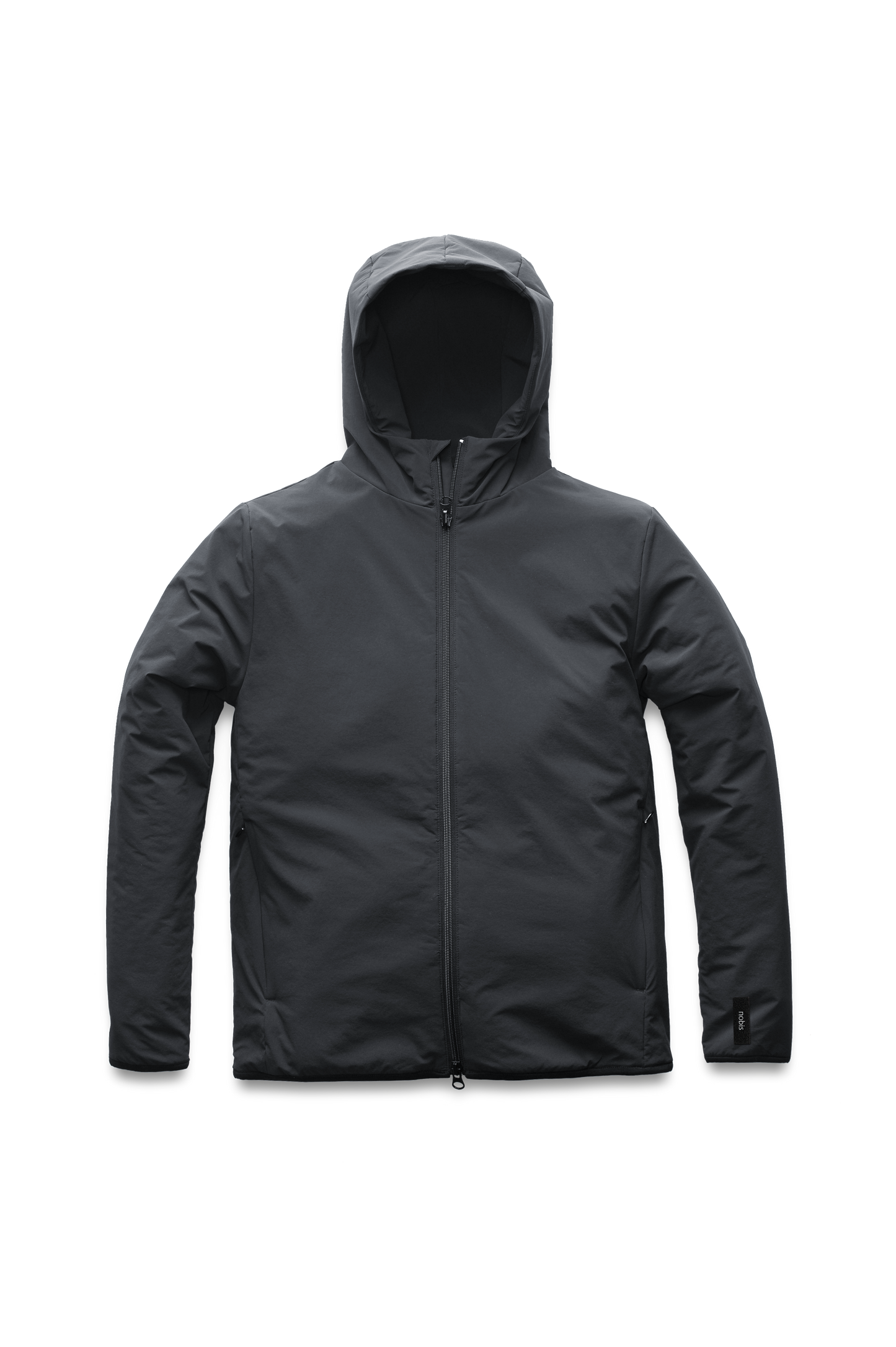 Men's hip length mid layer jacket with non-removable hood and two-way zipper in Black