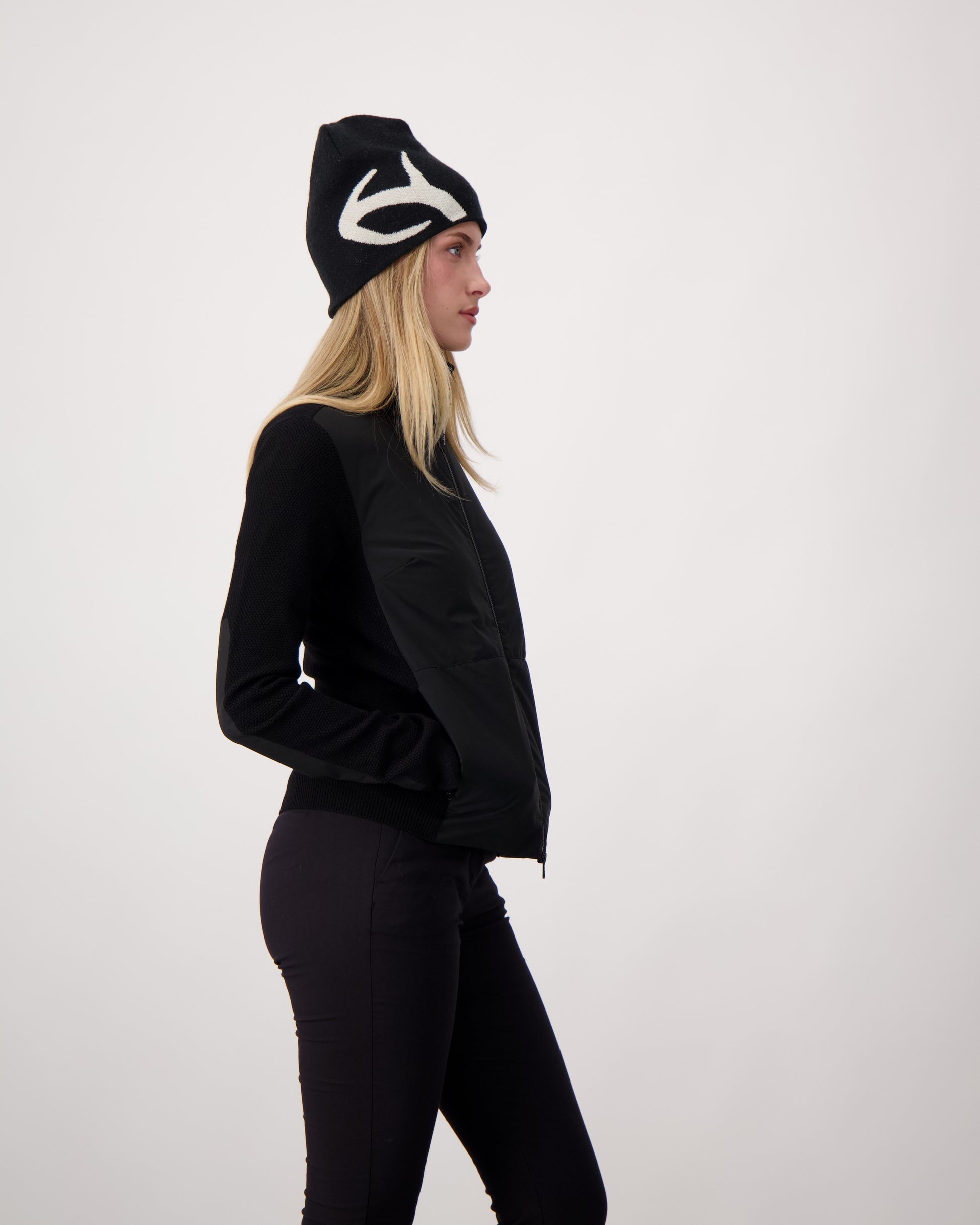 Antler Beanie in merino wool blend, antler knit motif on front, in Black