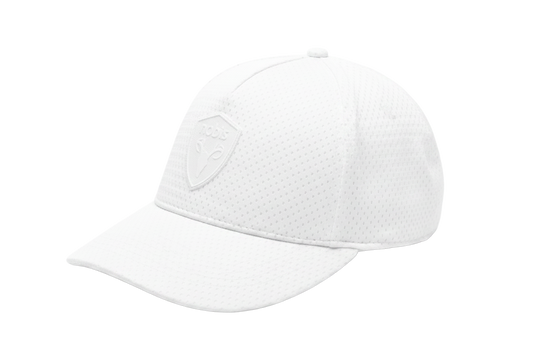 Unisex jersey 5-panel baseball hat with curved brim and adjustable strap at back in White + White