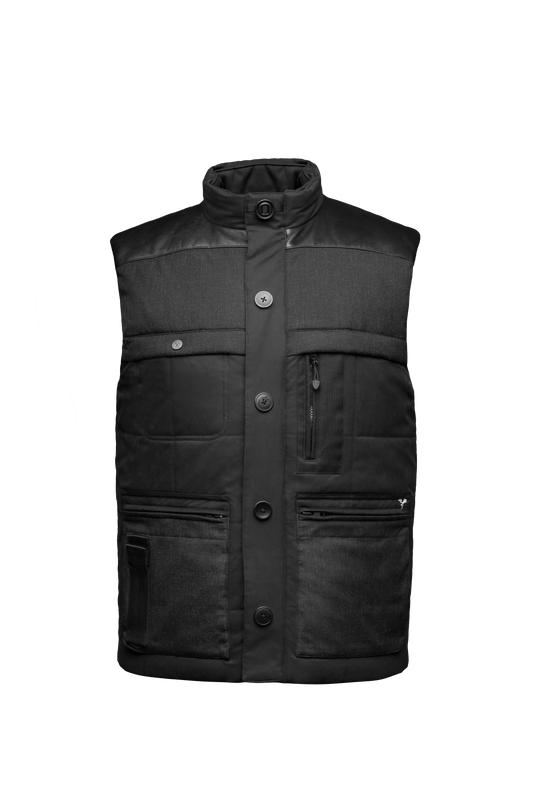 Men's premium down filled vest with unique washable leather detailing in Black + Black