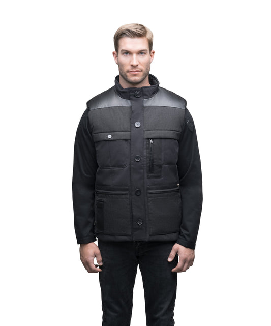 Men's premium down filled vest with unique washable leather detailing in Black + Black