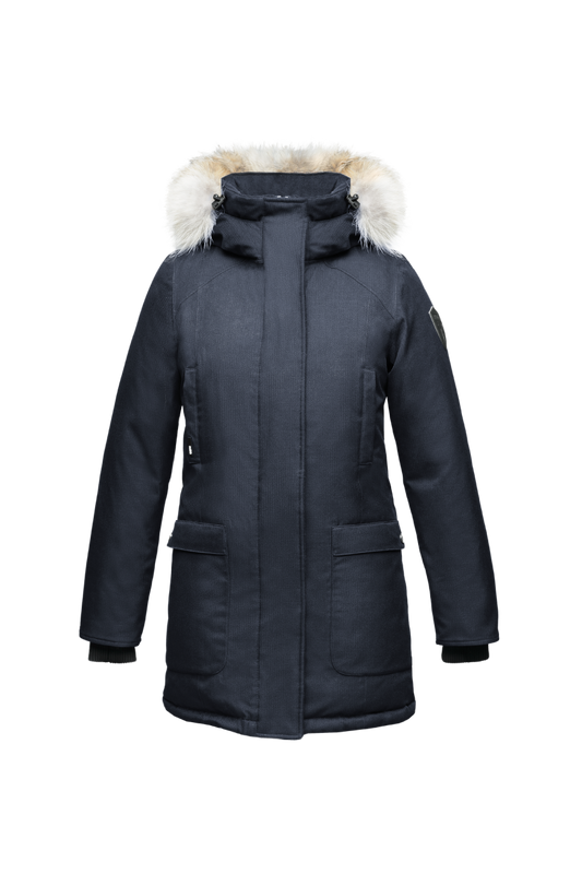 Women's down filled parka that sits just below the hip with a clean look and two hip patch pockets in CH Navy + CH Navy