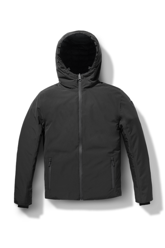 Chris Men's Mid Weight Reversible Puffer Jacket in hip length, Canadian duck down insulation, non-removable adjustable hood, ribbed cuffs, and quilted body on reversible side, in Black + Black