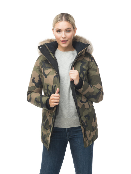 Women's down filled parka that sits just below the hip with a clean look and two hip patch pockets in CH Camo + CH Camo
