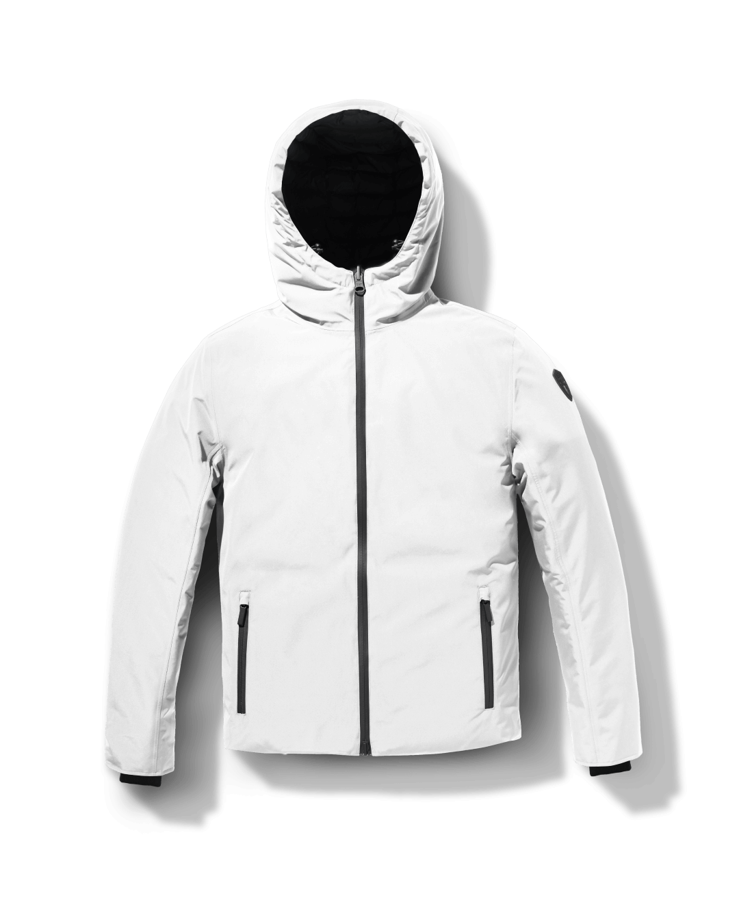 Chris Men's Mid Weight Reversible Puffer Jacket in hip length, Canadian duck down insulation, non-removable adjustable hood, ribbed cuffs, and quilted body on reversible side, in Chalk