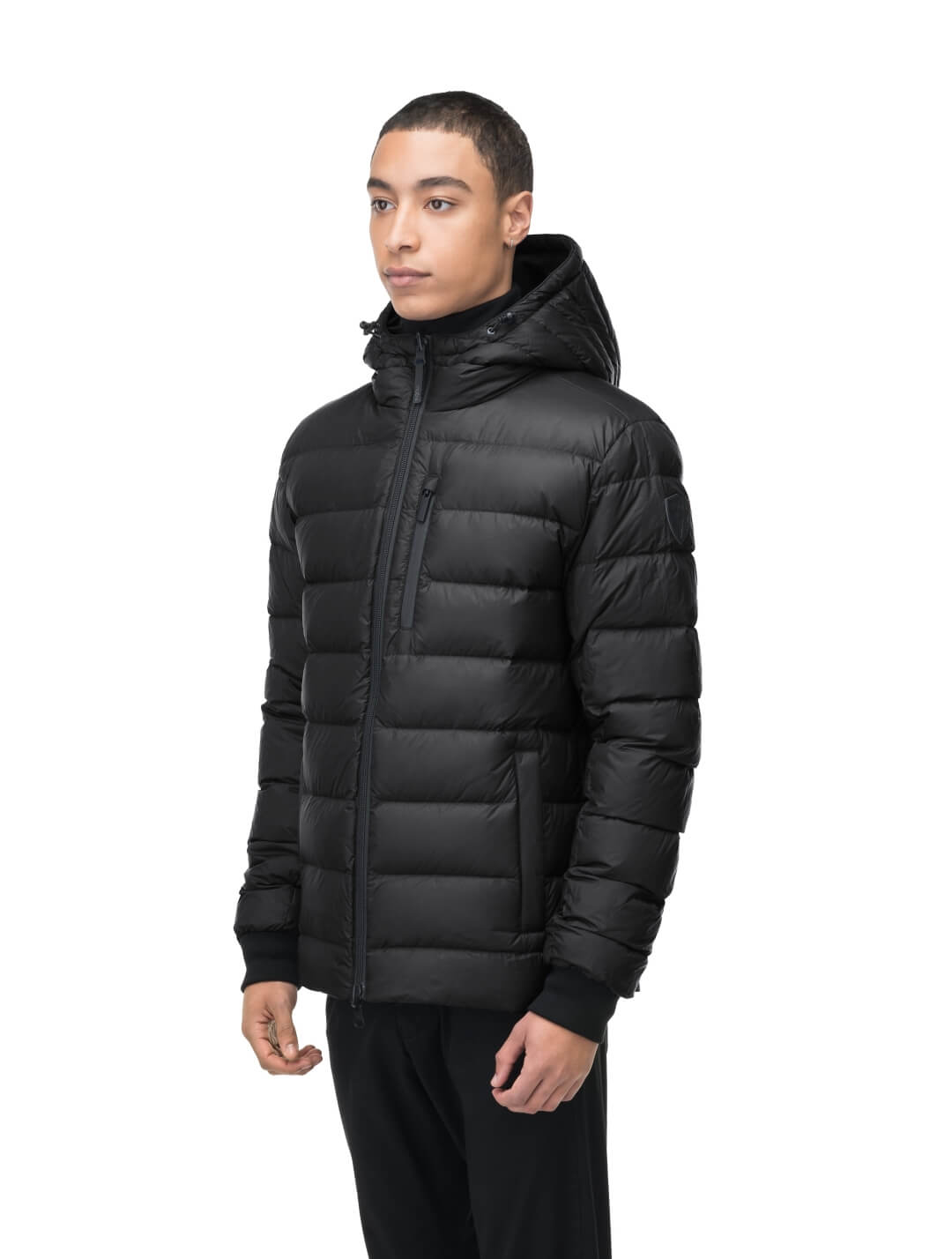 Chris Men's Mid Weight Reversible Puffer Jacket in hip length, Canadian duck down insulation, non-removable adjustable hood, ribbed cuffs, and quilted body on reversible side, in Black