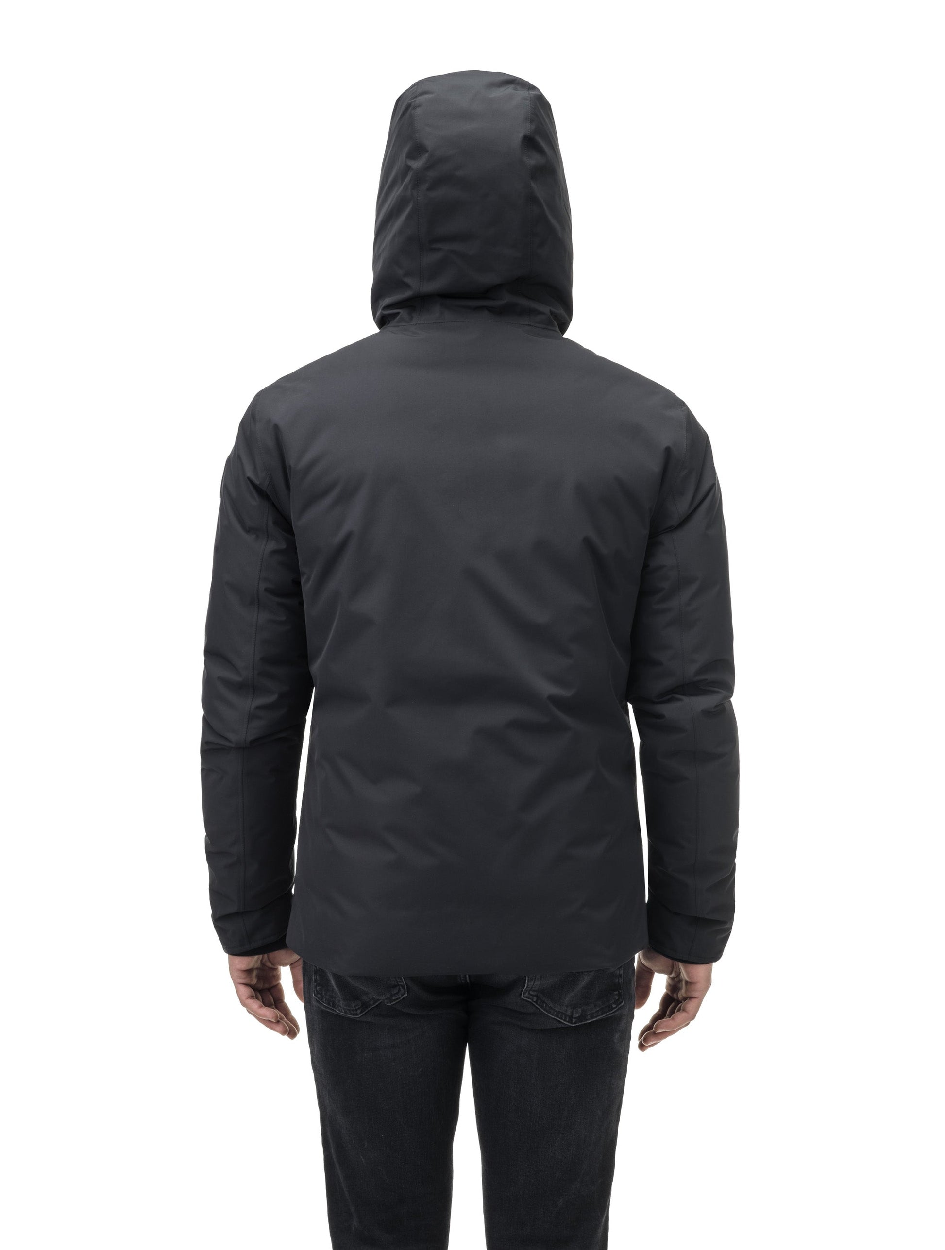 Chris Men's Mid Weight Reversible Puffer Jacket in hip length, Canadian duck down insulation, non-removable adjustable hood, ribbed cuffs, and quilted body on reversible side, in Black