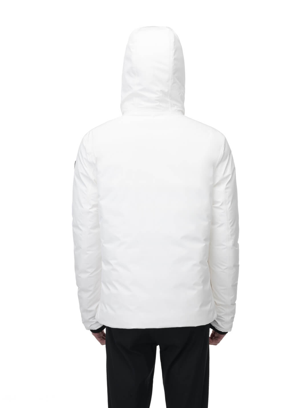 Chris Men's Mid Weight Reversible Puffer Jacket in hip length, Canadian duck down insulation, non-removable adjustable hood, ribbed cuffs, and quilted body on reversible side, in Chalk