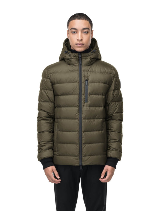 Chris Men's Mid Weight Reversible Puffer Jacket in hip length, Canadian duck down insulation, non-removable adjustable hood, ribbed cuffs, and quilted body on reversible side, in Fatigue + Fatigue