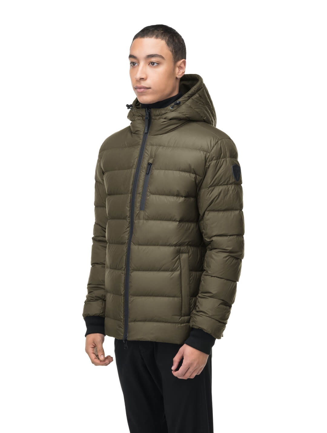 Chris Men's Mid Weight Reversible Puffer Jacket in hip length, Canadian duck down insulation, non-removable adjustable hood, ribbed cuffs, and quilted body on reversible side, in Fatigue
